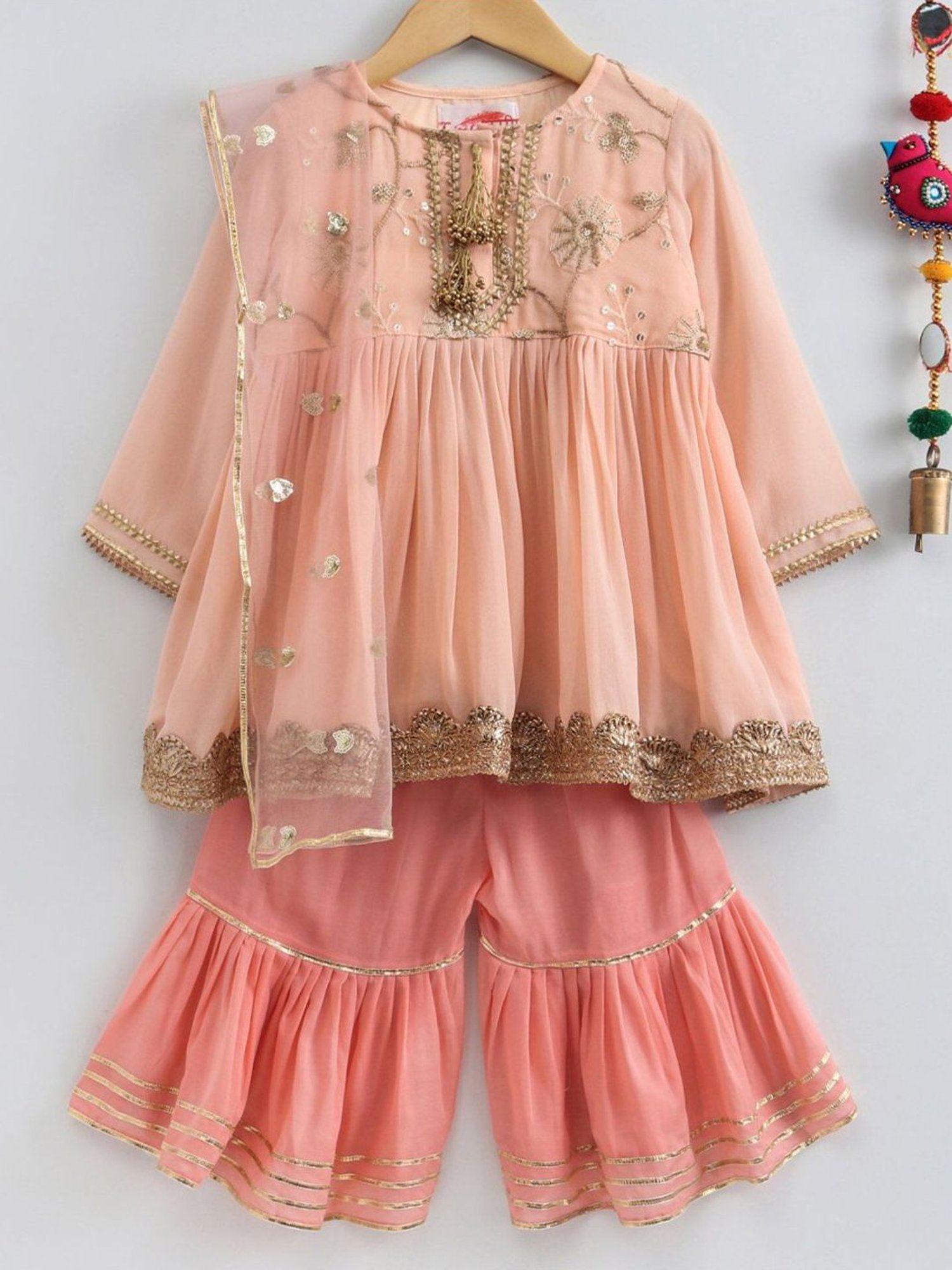 Little Bansi Kids Peach Embroidered Suit Set