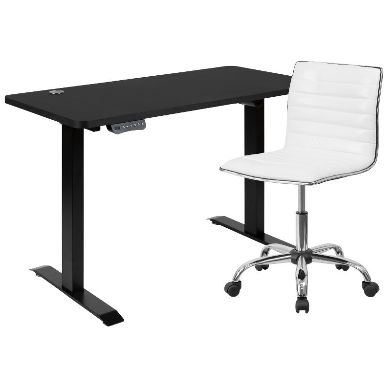 Emma and Oliver 48" Wide Black Electric Adjustable Standing Desk & White Ribbed Office Chair