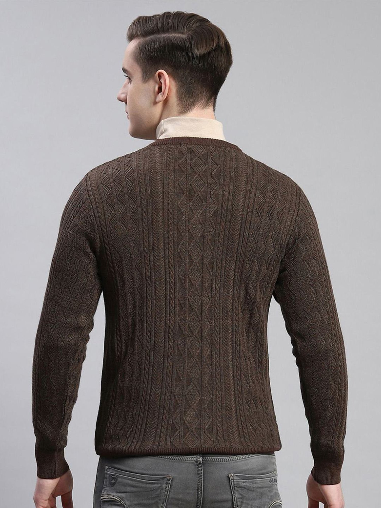 Monte Carlo Dark Brown Regular Fit Self Pattern Sweater