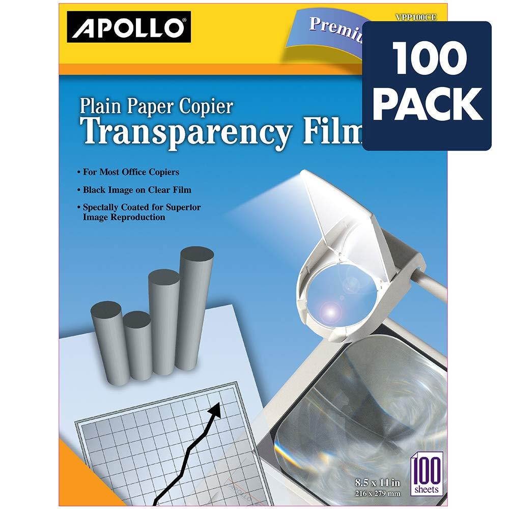 Apollo Transparency Film for Plain Paper Copier, Black on Clear Sheet, without Stripe, 100 Sheets/Pack (VPP100CE)