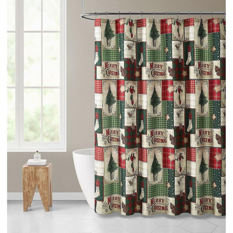 Kate Aurora Merry Christmas Evergreens & Ornamets Plaid Farmhouse Fabric Shower Curtain -
