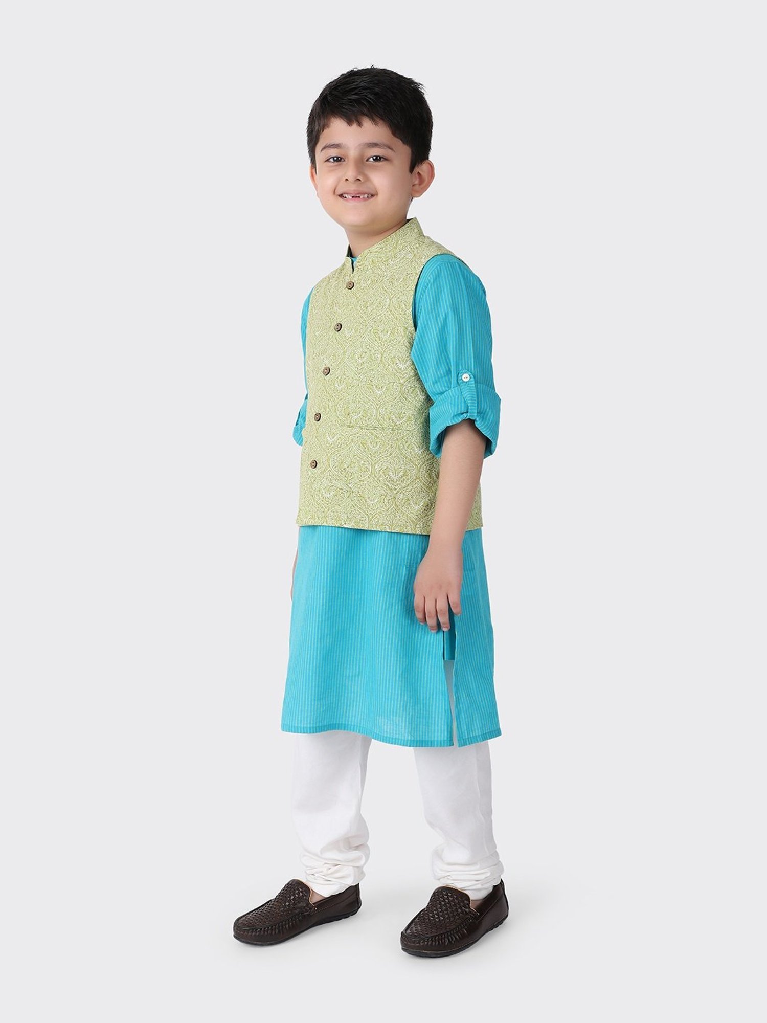 Fabindia Kids Green Cotton Printed Nehru Jacket