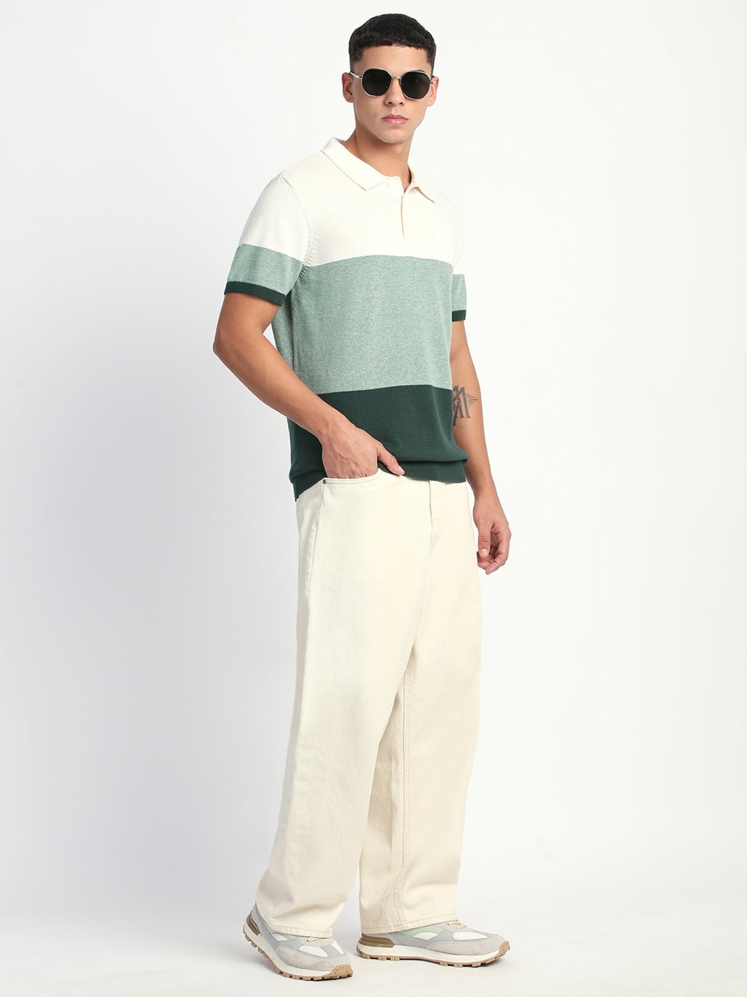 The Bear House Green Regular Fit Colour Block Polo T-Shirt