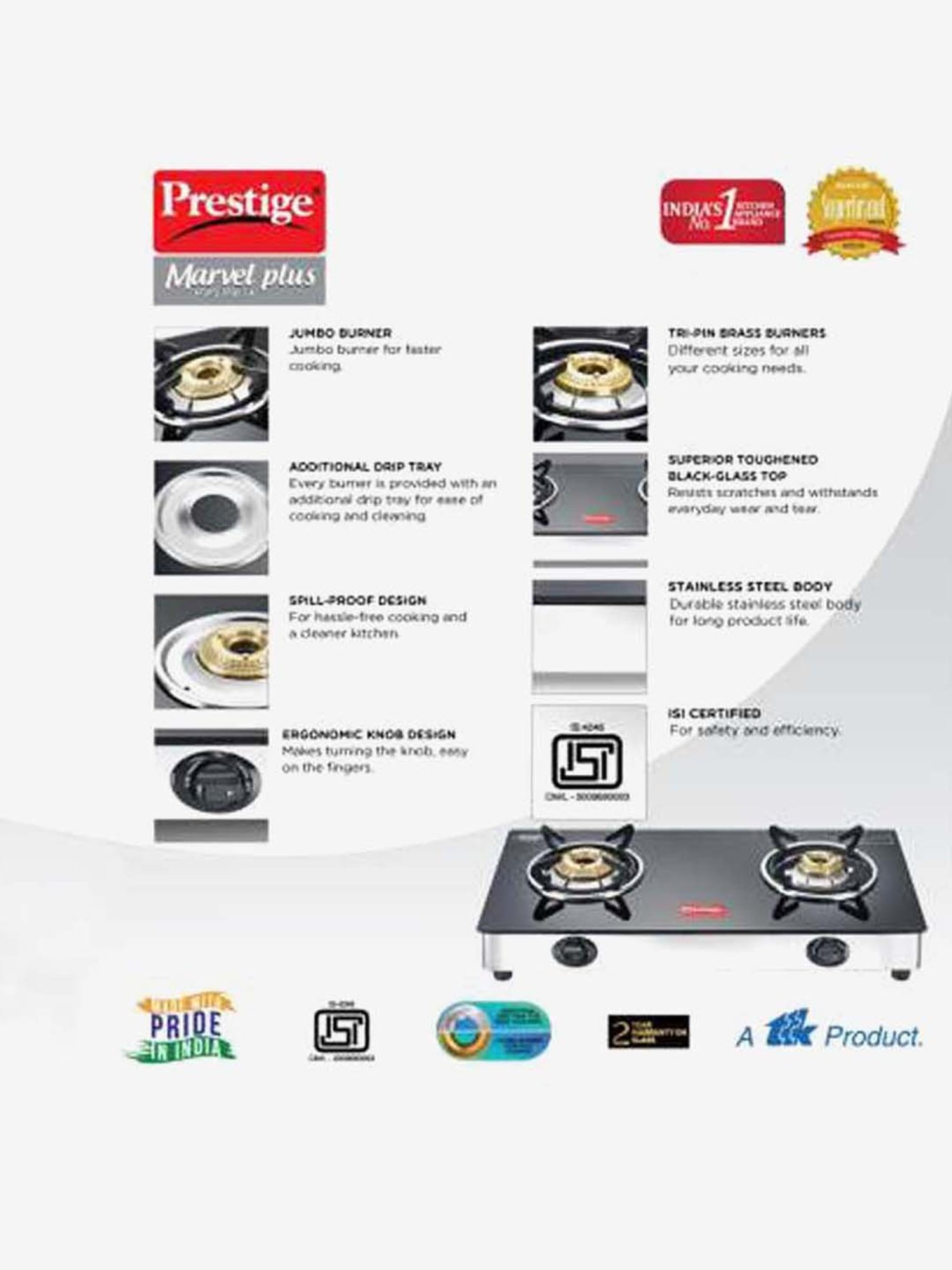 Prestige GTM 02 SS Plus 2 Burners Glass Top Gas Stove (Black and Silver)