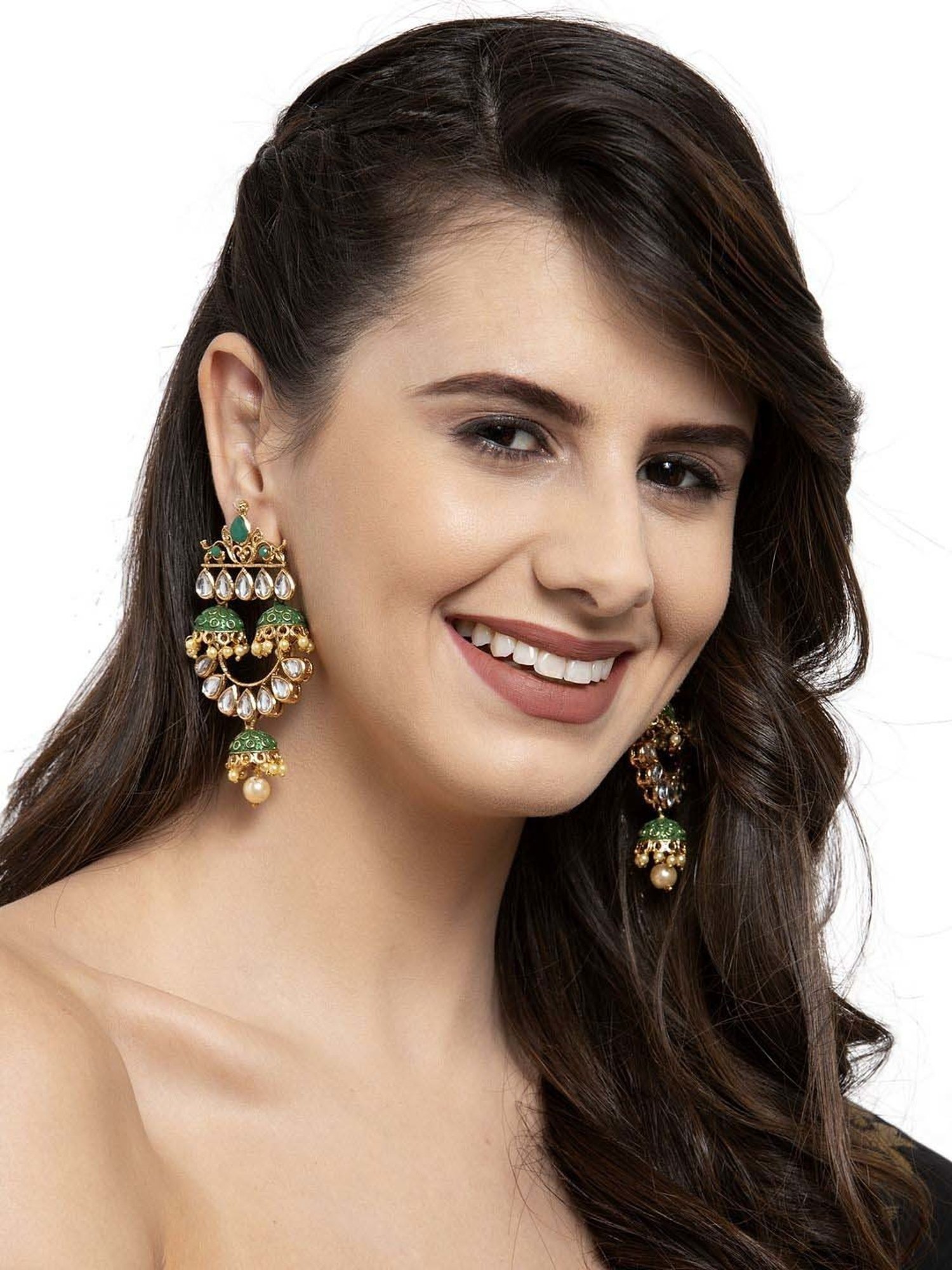 Panash Green & Gold-Plated Kundan Handpainted Dangler Earrings