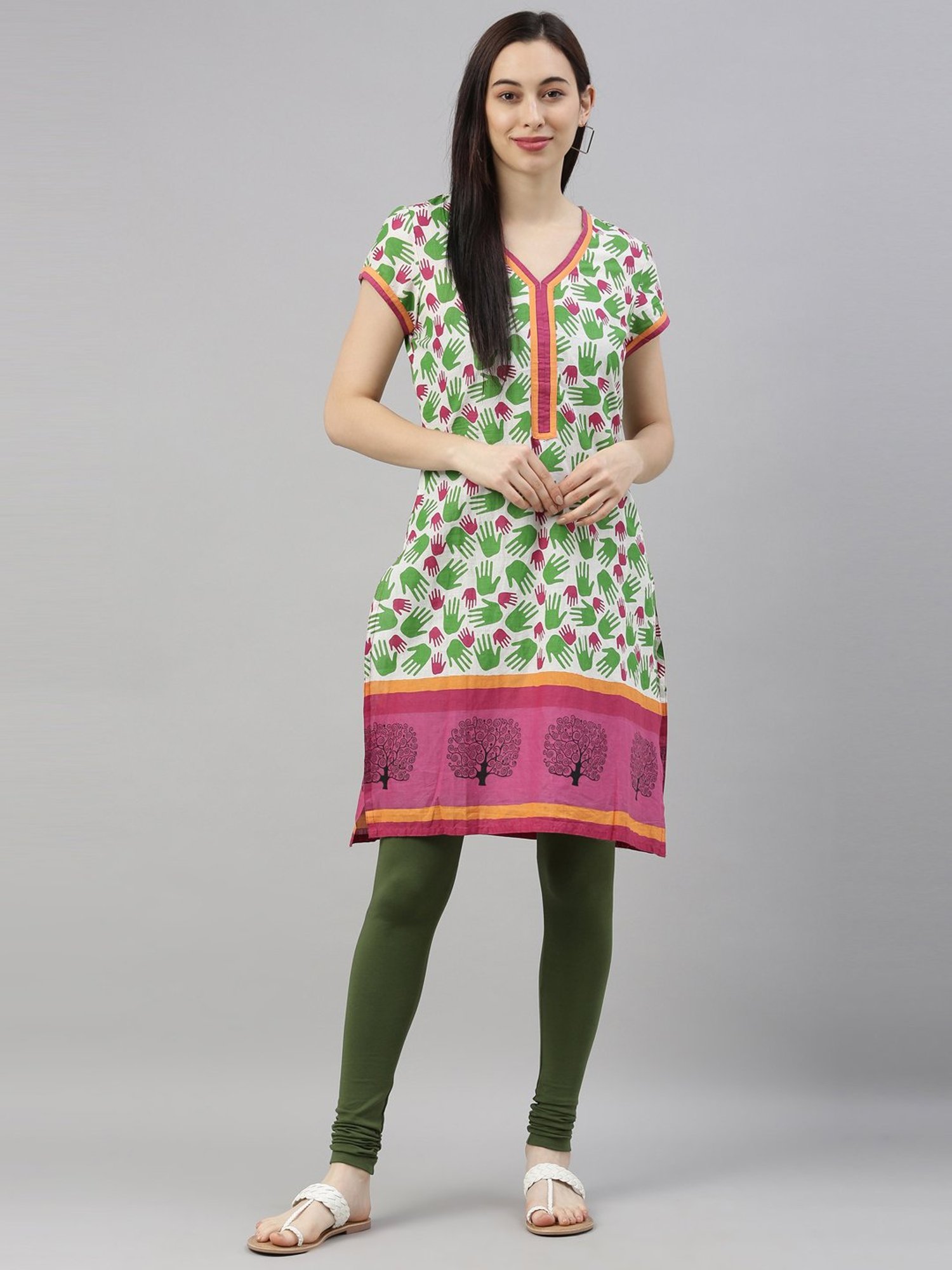 TWIN BIRDS Green Cotton Full Length Leggings