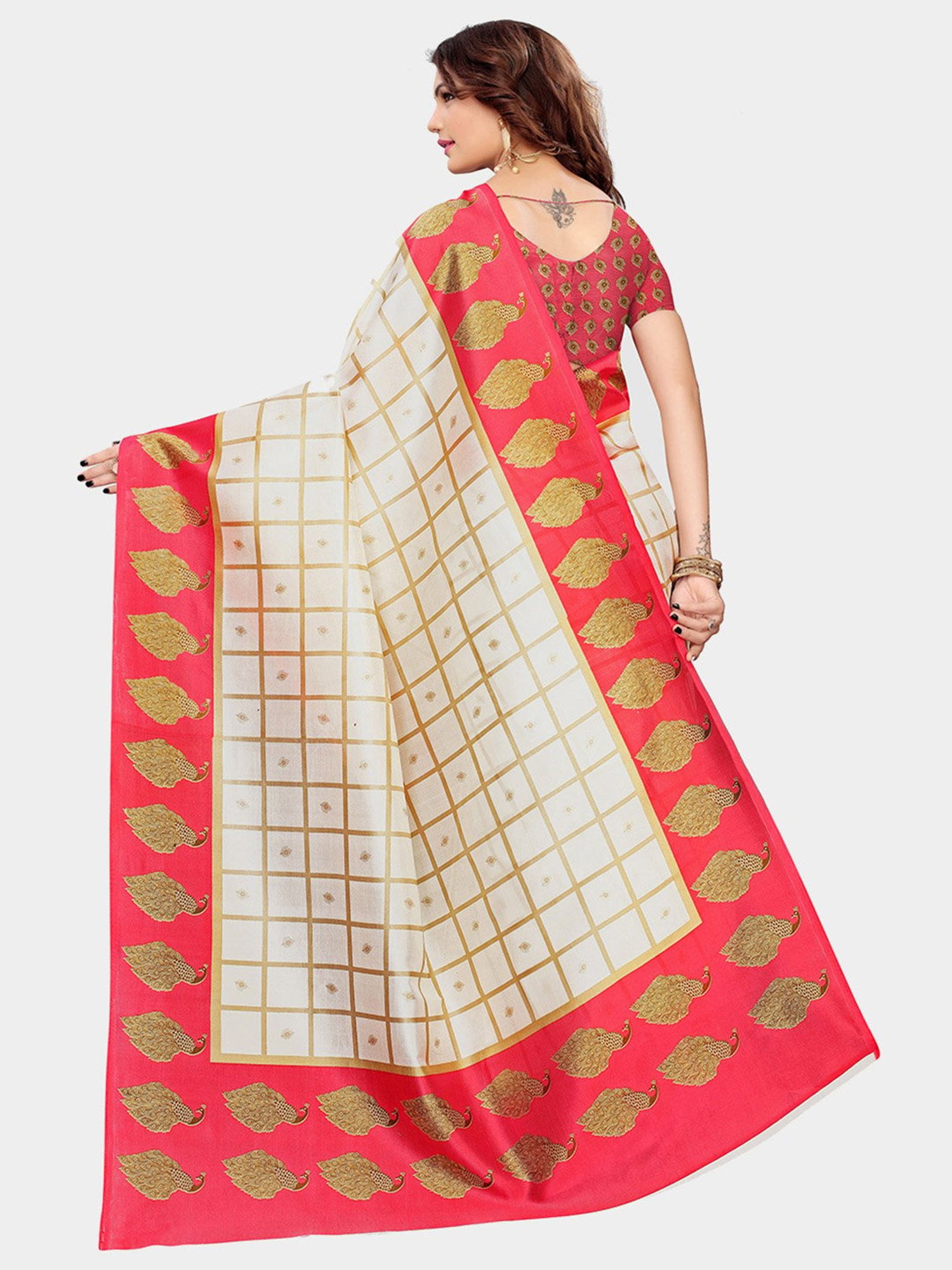 KSUT Red & Beige Check Saree With Blouse