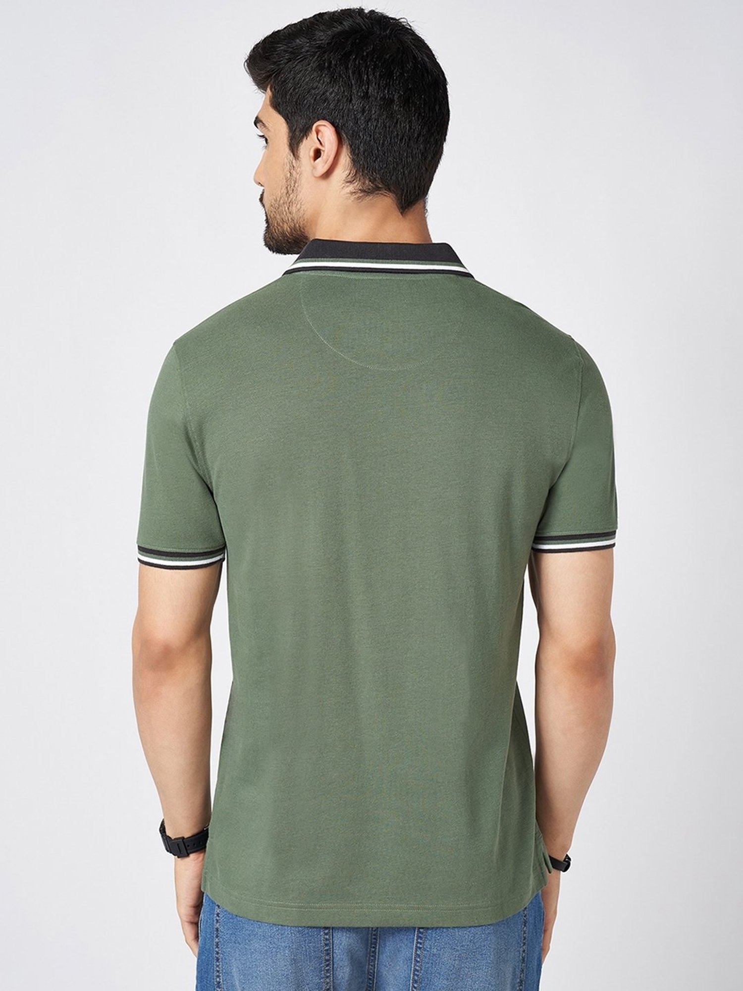 SF Jeans by Pantaloons Duck Green Cotton Slim Fit Solid Polo T-Shirt