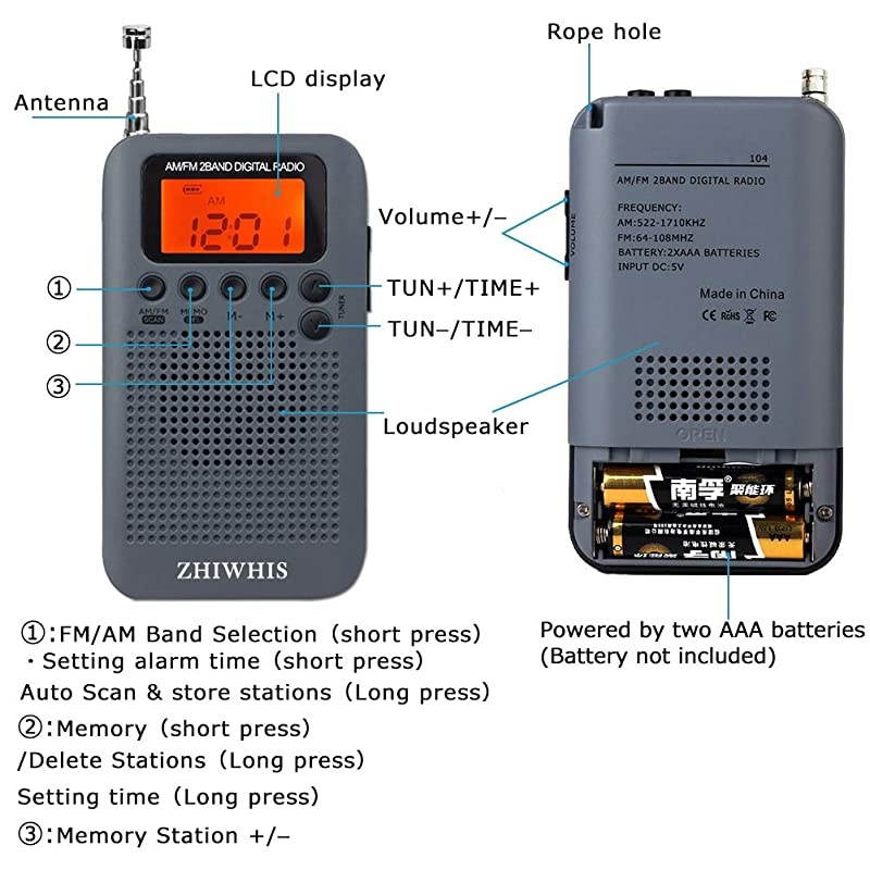 Mini LCD AM FM Battery Operated Portable Pocket Radio with Builtin Speaker and 35mm Headphone Jack Powered by 2AAA Battery Digital Alarm for WalkingTravel