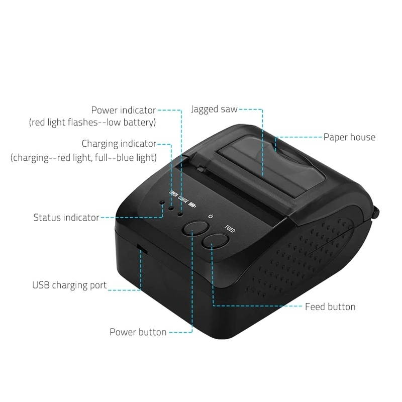 5809DD Portable Mini Direct Thermal Printer Wireless Thermal POS Receipt Printer USB/BT Mobile Printer EU Plug