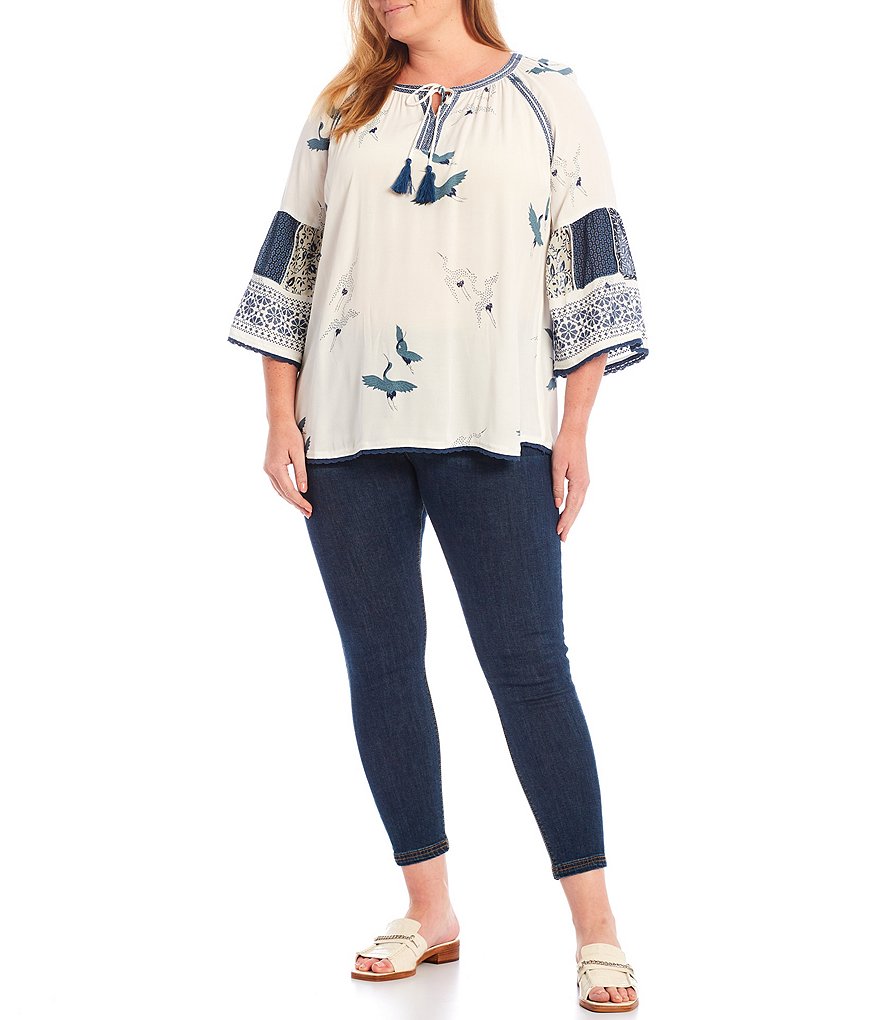 John Mark Plus Size Bird Print Tassel Tie Split Round Neck Embroidered 3/4 Sleeve Tunic