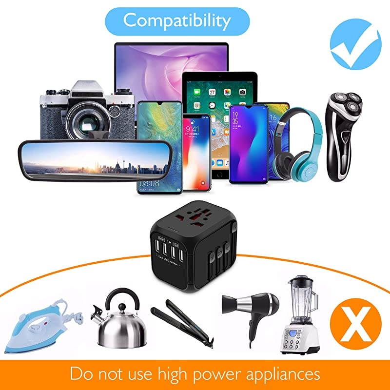 Travel Adapter, All-in-one International Power Adapter with 2.4A Dual USB, Europe Adapter Travel Power Adapter Wall Charger for UK, EU, AU, Asia Covers 150+Countries (Black)