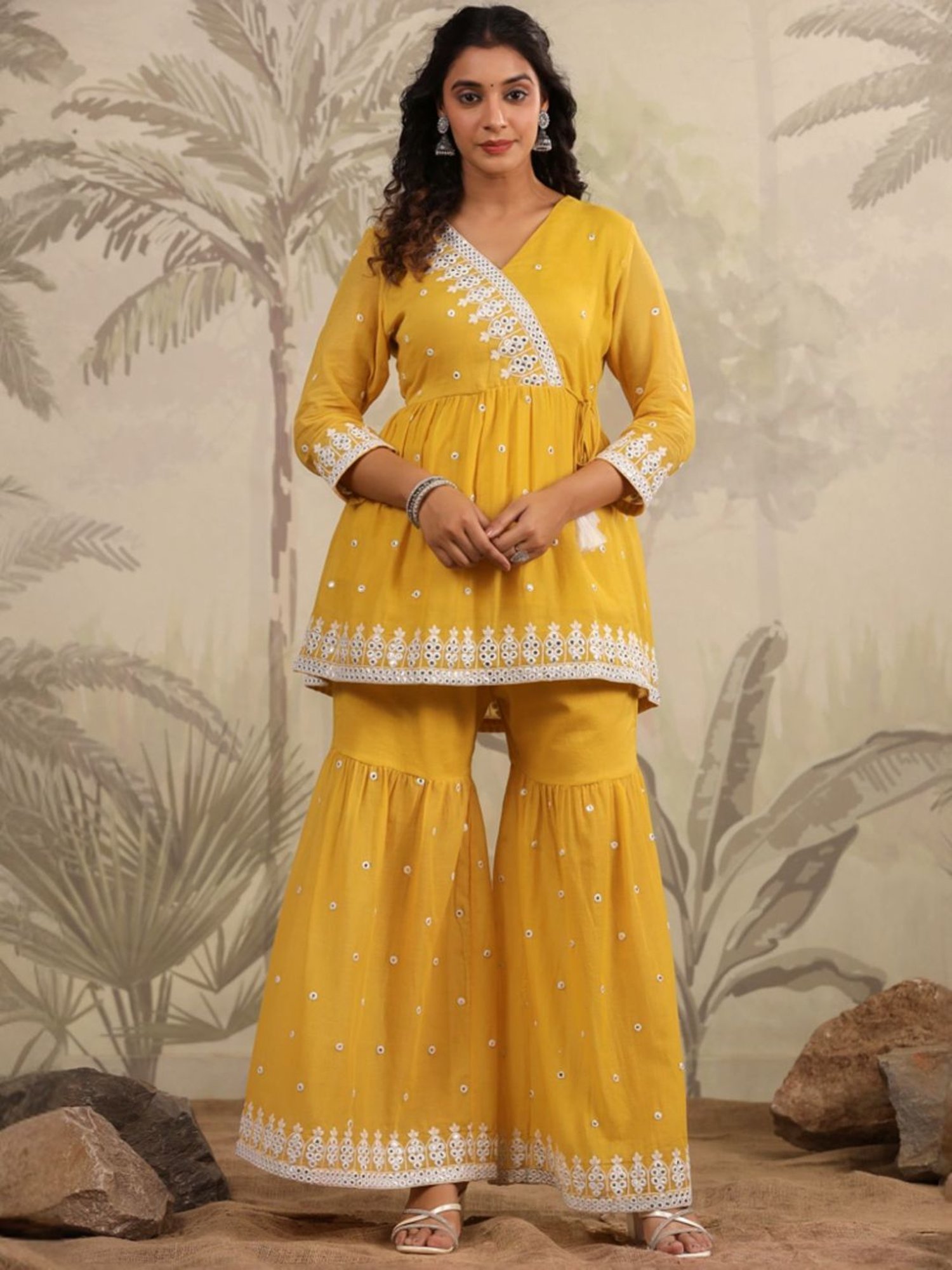 SCAKHI Mustard Mulmul Mirror Embroidered Peplum Kurta With Sharara And Dupatta