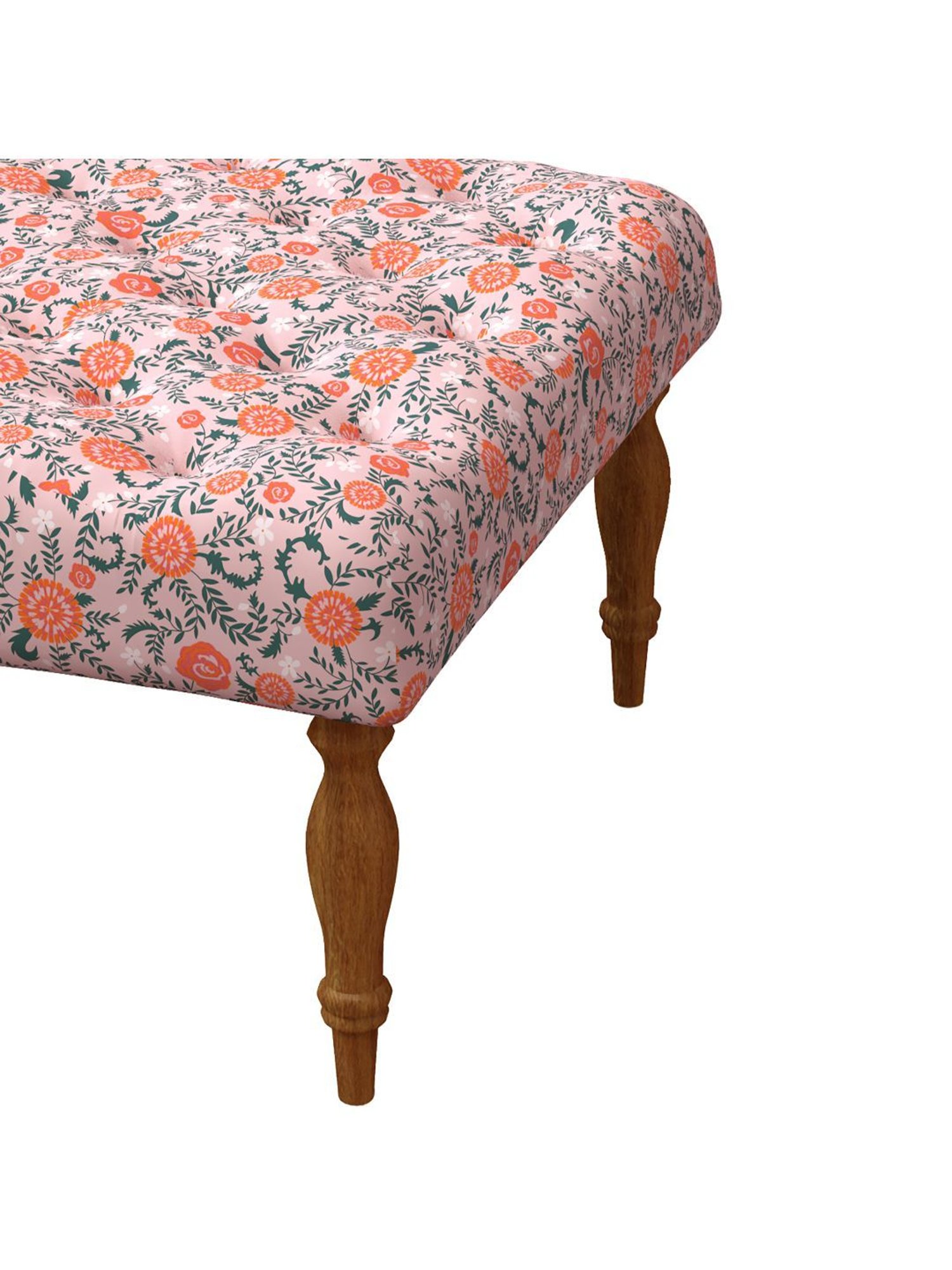 Chumbak Earthy Floral Pink Sheesham Wood English Ottoman