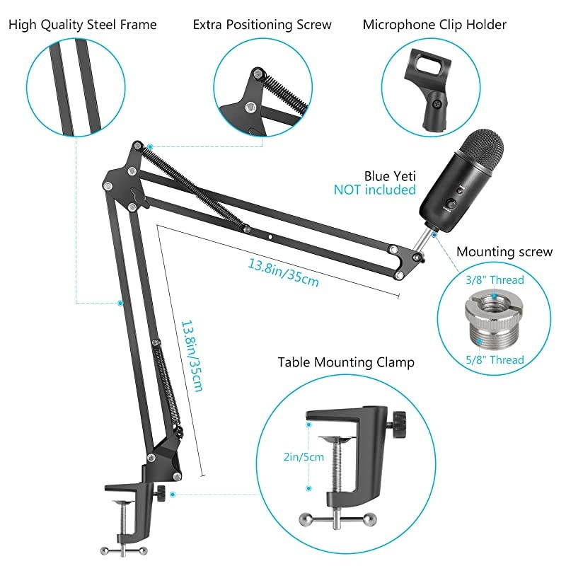 Microphone Arm Upgraded Mic Arm Microphone Stand Boom Suspension Stand with 38quot to 58quot Screw Adapter Clip for Blue Yeti Snowball Yeti Nano Yeti x and other Mic