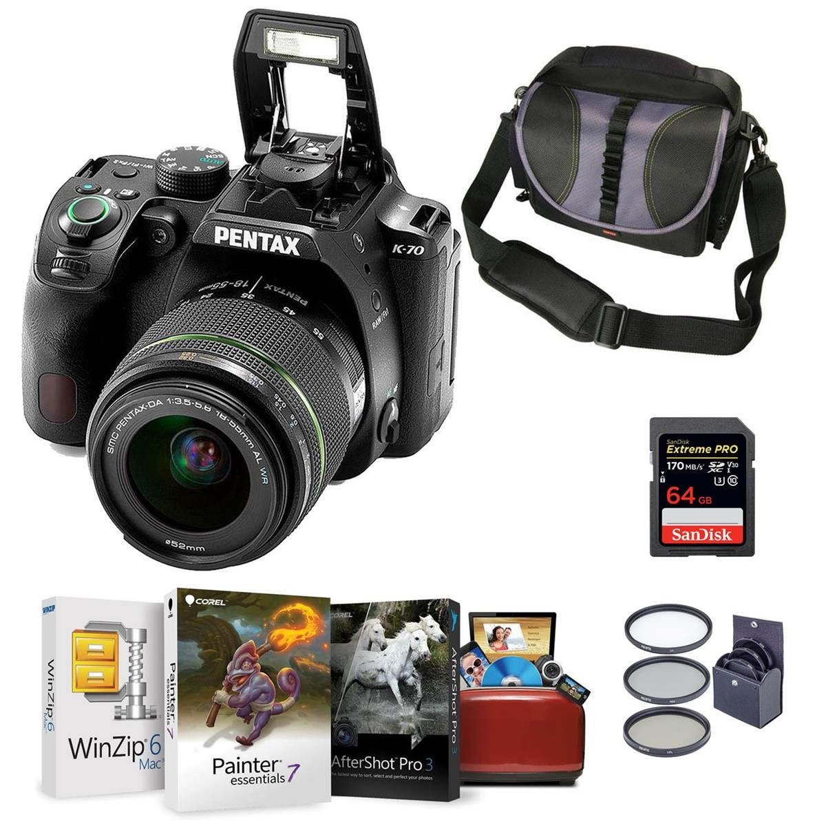 Pentax K-70 DSLR with 18-135mm WR Lens, Black with Mac Software & Accessories