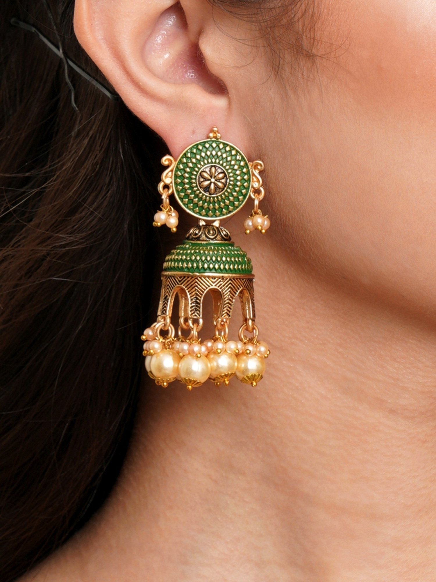 Karatcart Antique Gold-Plated Green Tomb Style Jhumki Earrings with Golden Pearl for Women