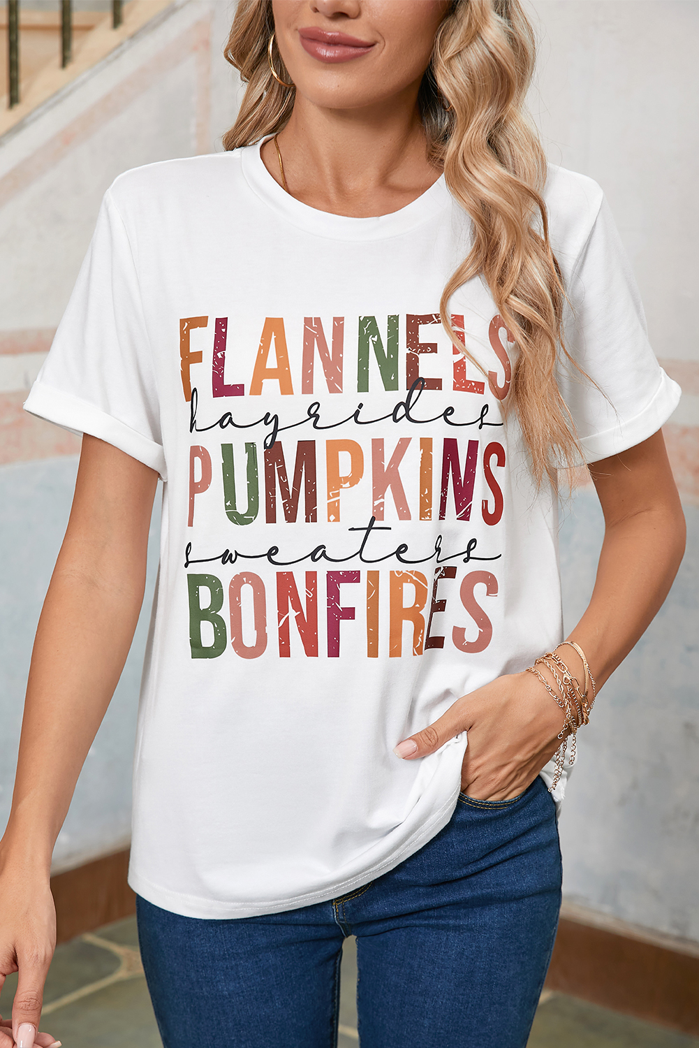 White FLANNELS PUMPKINS BONFIRES Crewneck Graphic Tee