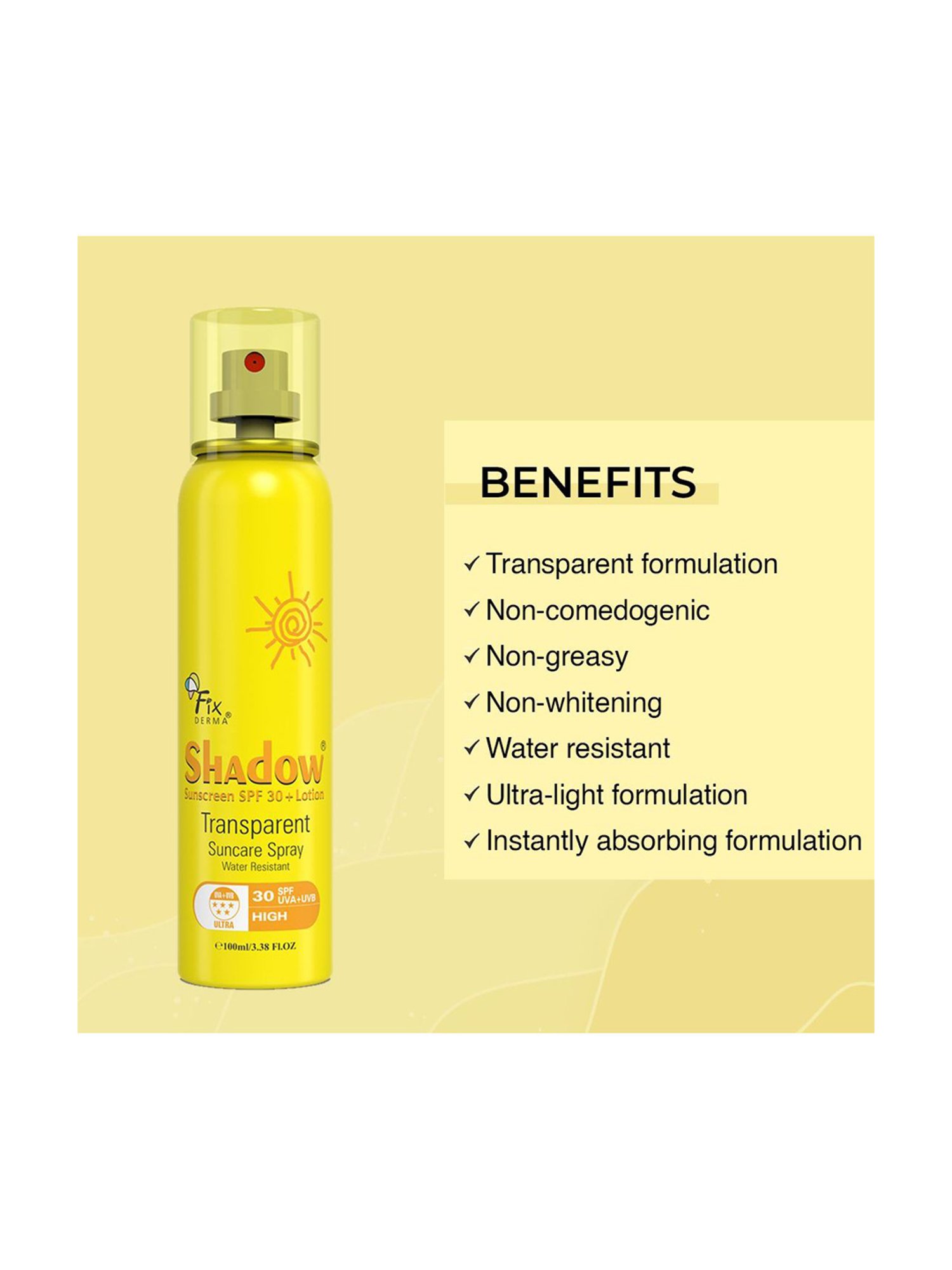 Fixderma Shadow Sunscreen Spf 30+ Lotion Transparent Suncare Spray - 100 ml