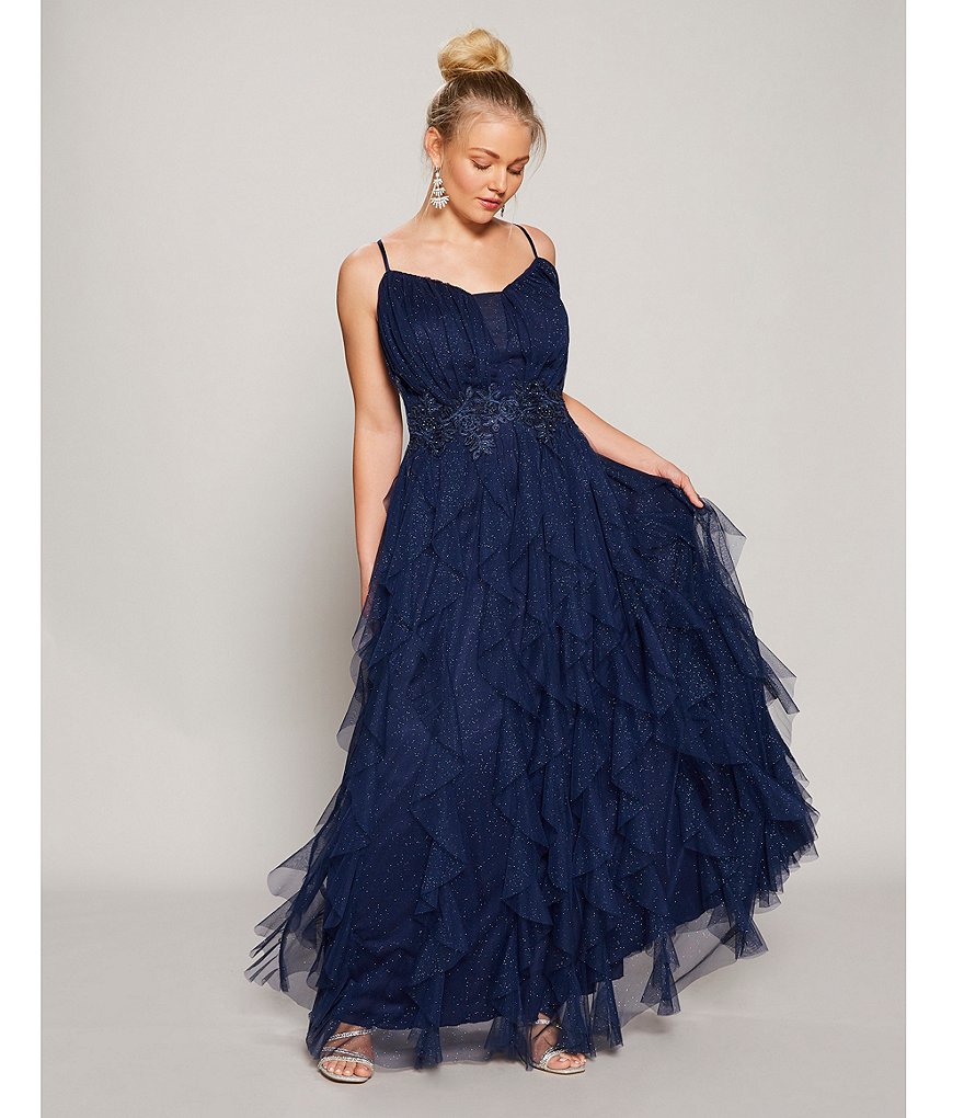 Teeze Me Plus Spaghetti Strap Illusion Plunged Neck Mesh Corkscrew Glitter Ball Gown