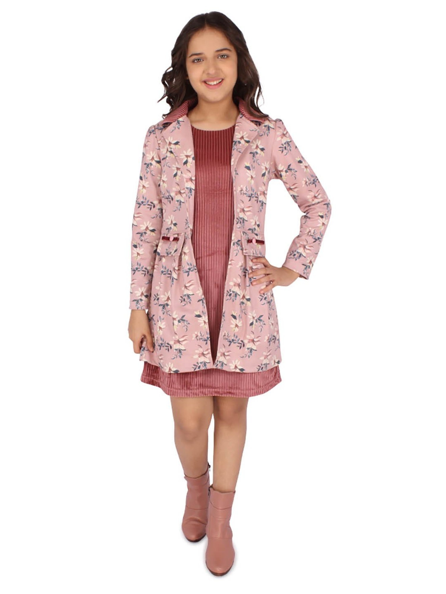 Cutecumber Kids Pink Floral Print Full Sleeves Shift Dress with Jacket