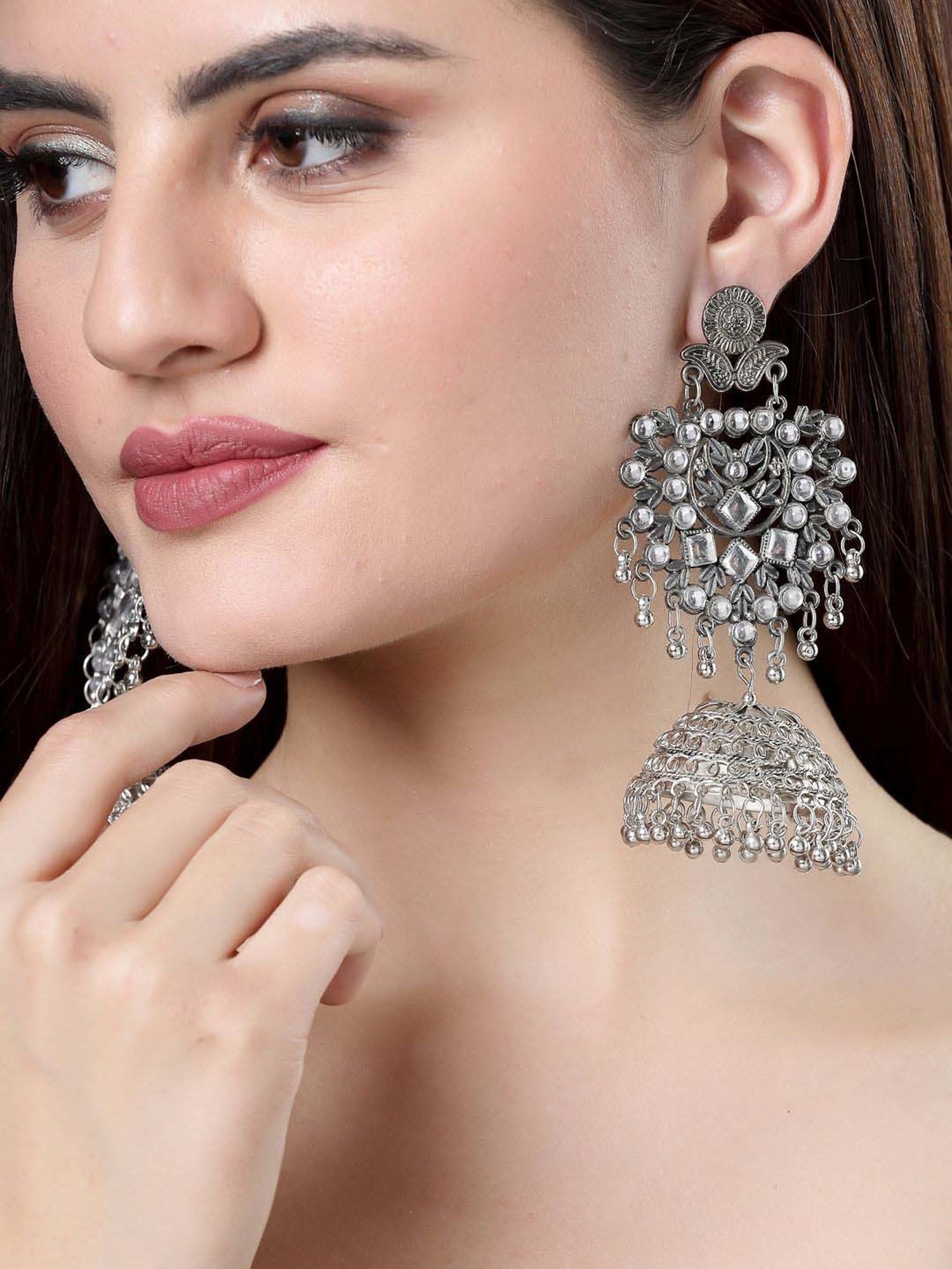 NVR Silver-Plated Oxidized Artificial Stones Dome Shaped Jhumki Earrings for Women