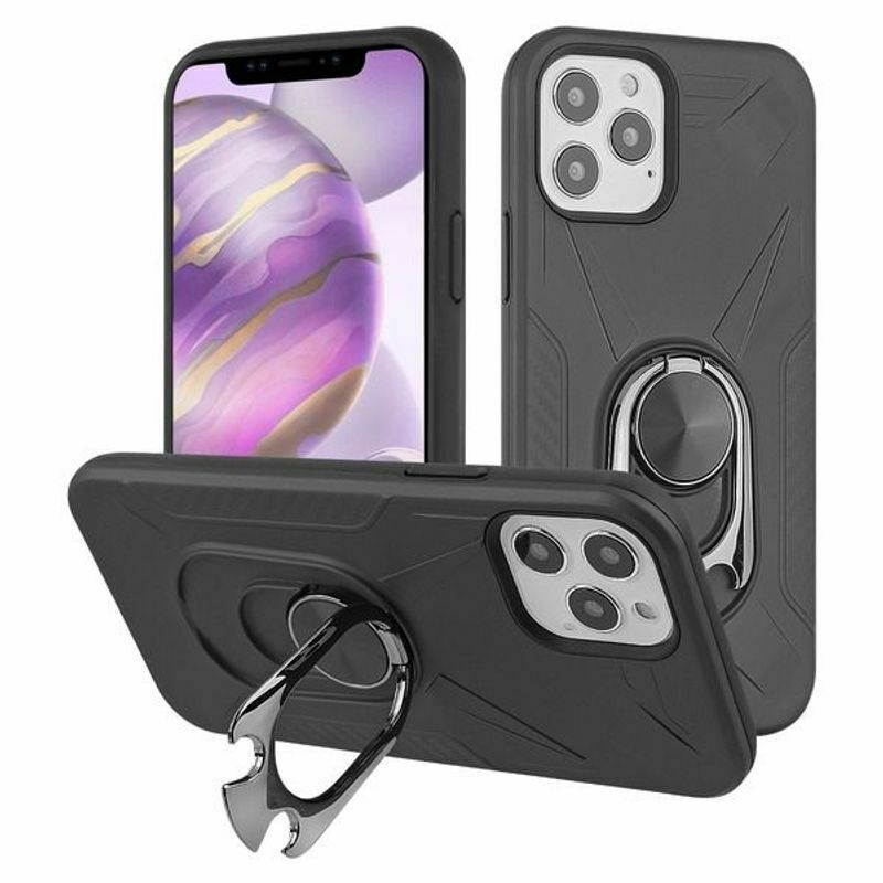 For iPhone 12 Pro Max 6.7" Black Hard Hybrid Case w/ Ring Holder