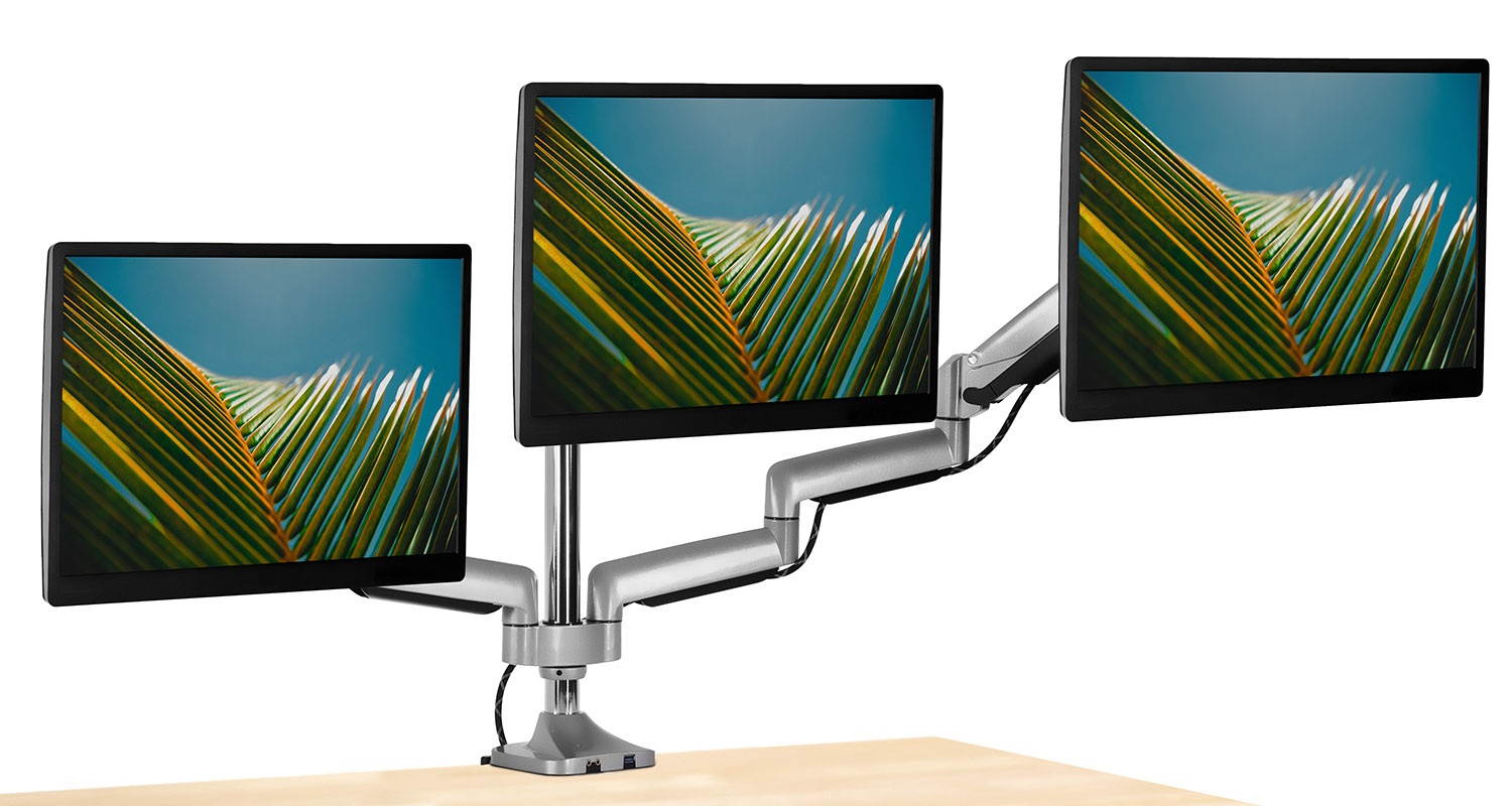 Triple Monitor Mount | Desk Stand with USB and Audio Ports | Fits 24-32 Inch Screens