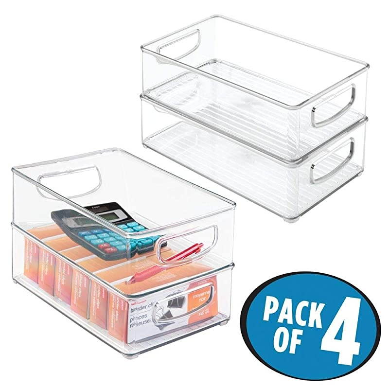 Stackable Plastic Home Office Storage Organizer Container with Handles for Cabinets Drawers Desks Workspace BPA Free for Pens Pencils Highlighters Notebooks 6 Wide 4 Pack Clear