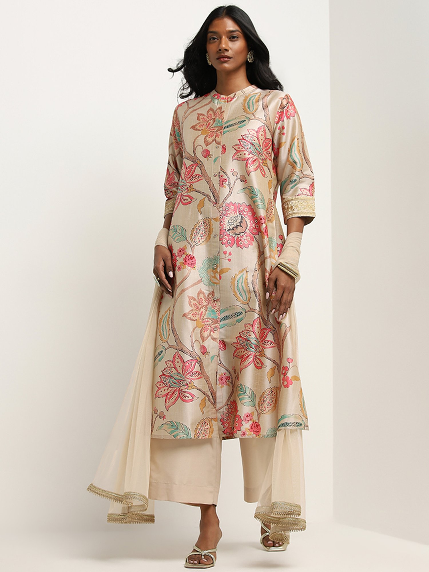 Vark by Westside Beige Floral Printed Kurta, Palazzos and Dupatta Set