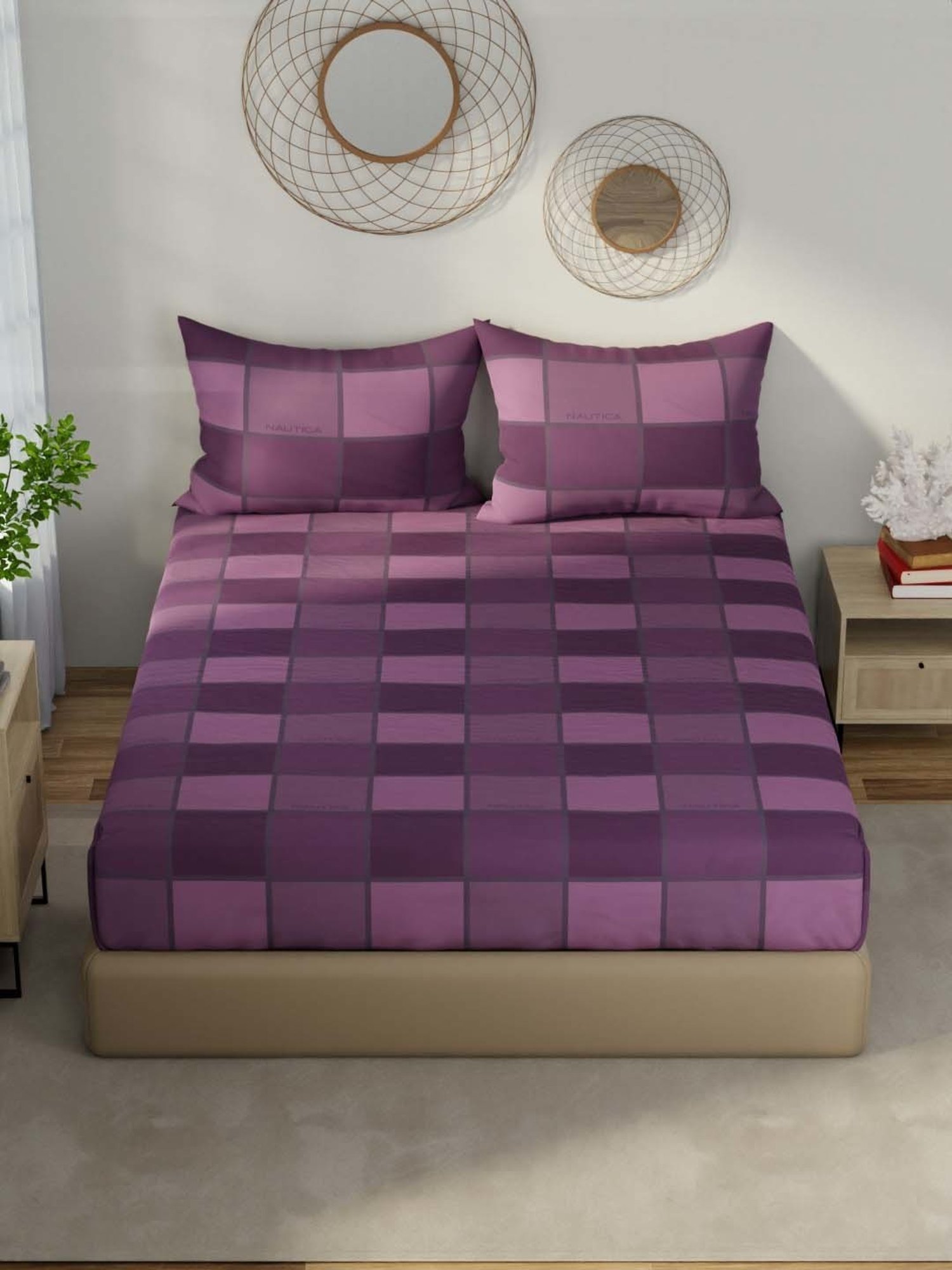 NAUTICA Hampton Plum & Purple Satin Cotton 210 TC King Fitted Bedsheet with 2 Pillow Cover
