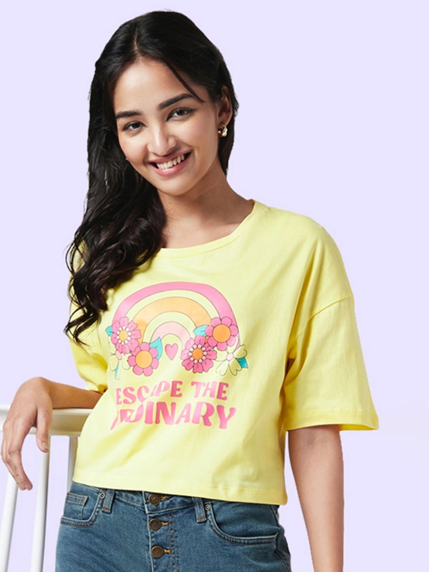 YU by Pantaloons Yellow Cotton Graphic Print Top