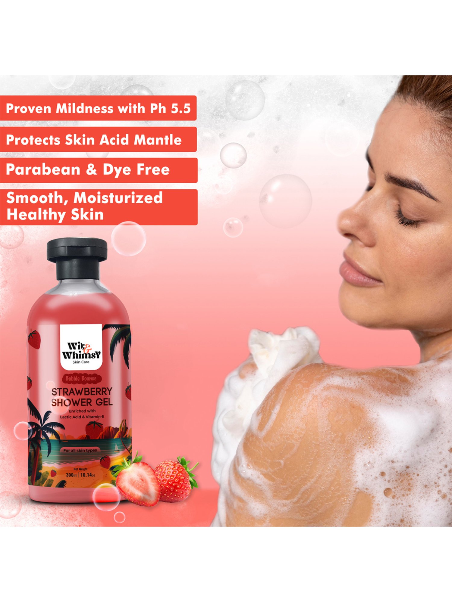 Wit & Whimsy Bubble Bounce Strawberry Shower Gel - 300 ml