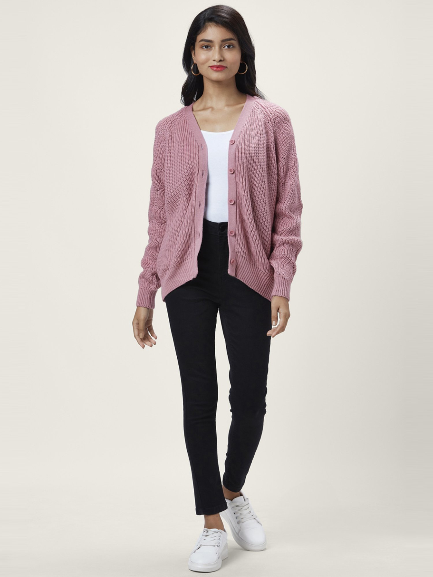 Honey by Pantaloons Pink Self Pattern Cardigan