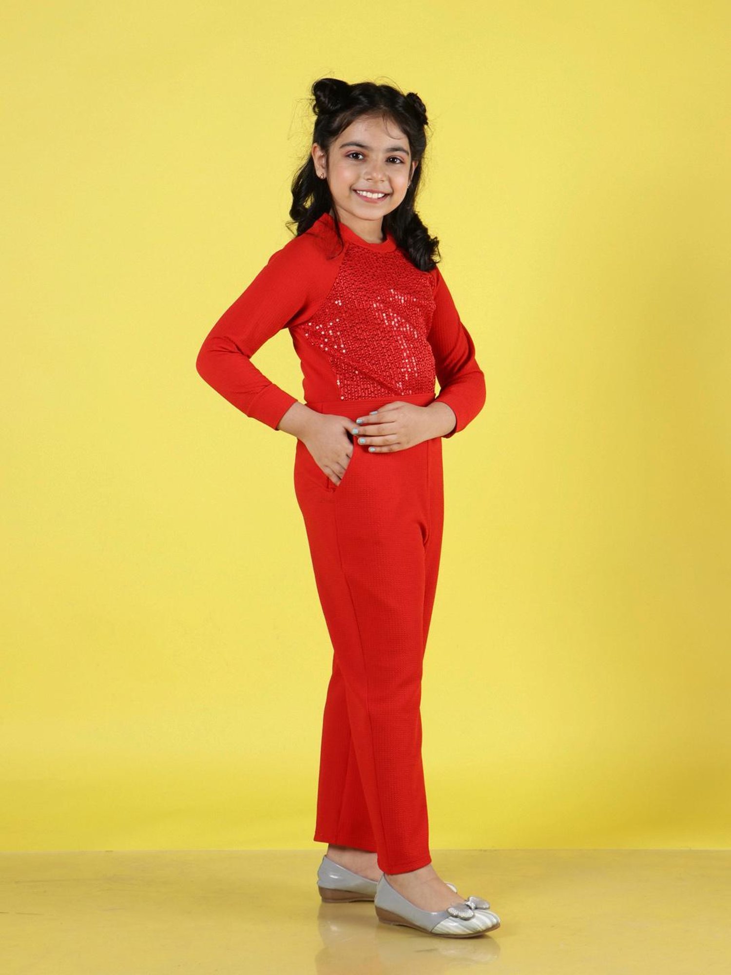 NEUDIS Kids Red Embellished Full Sleeves Top with Trousers