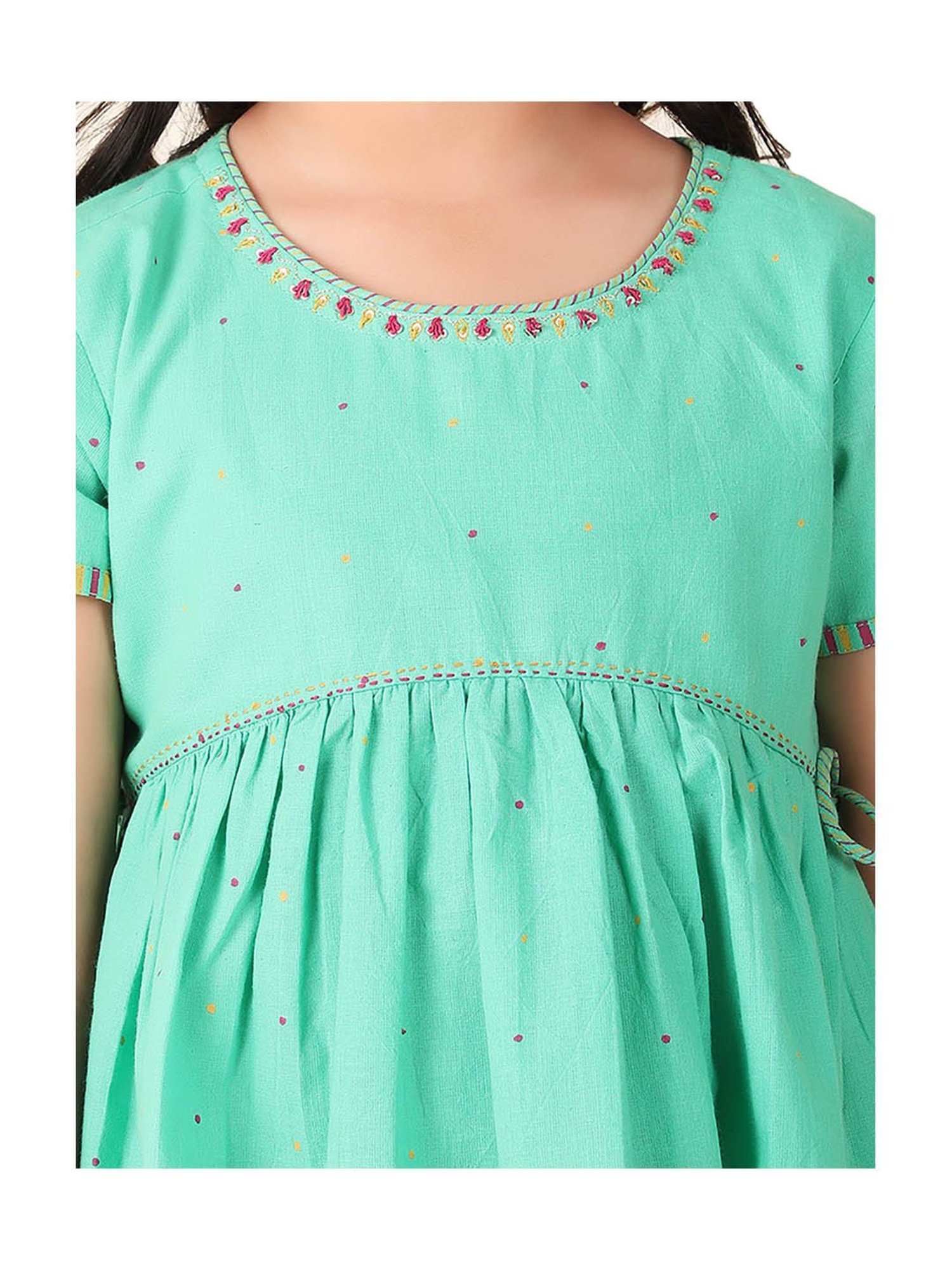 Fabindia Kids Green & Yellow Printed Kurta, Salwar with Dupatta