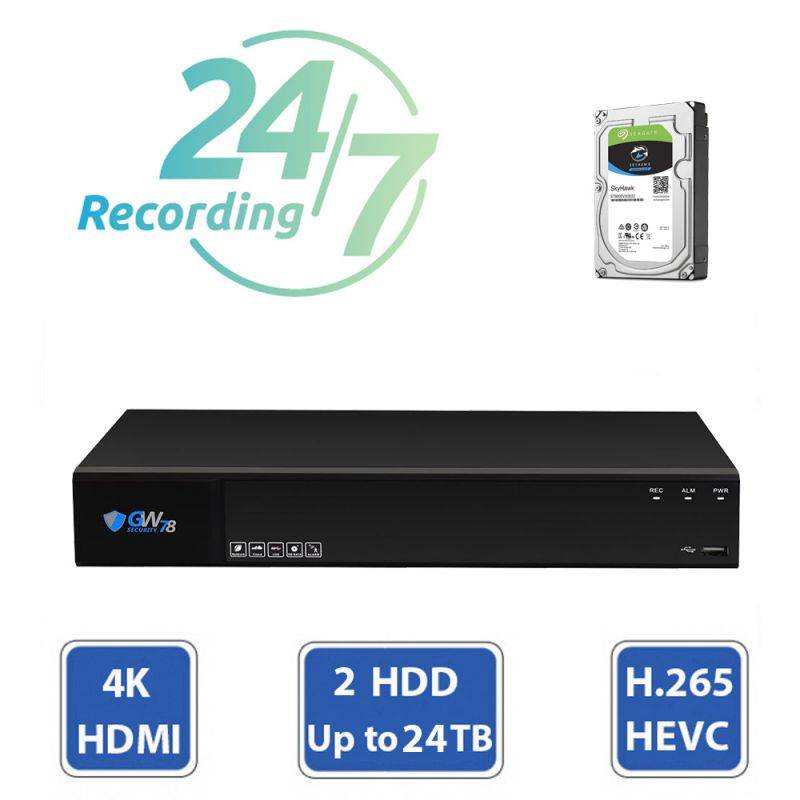 GW Security 8 Channel 4K 8MP (3840&times;2160) H.265+ IP PoE AI Smart NVR Security Camera System with 4 x Outdoor/Indoor 4K Microphone Dome Security Cameras, Human Detection, Starlight Color Night Vision