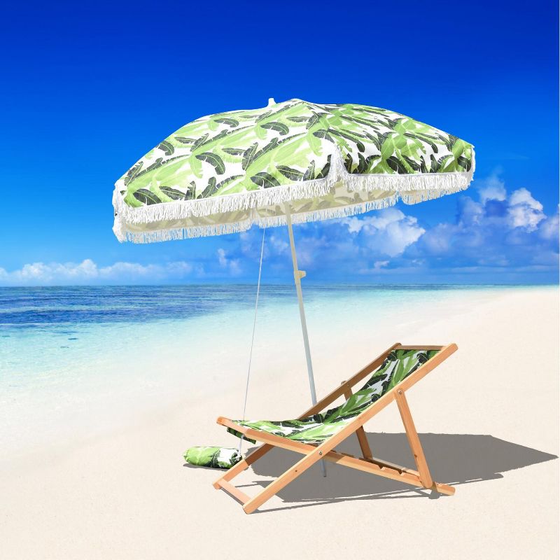 Astella  6.5 Ft. Fiberglass Beach Umbrella W/ Carry Bag - White Frame / Lush Paradise Canopy NOVA656C-P5-204-FRINGE