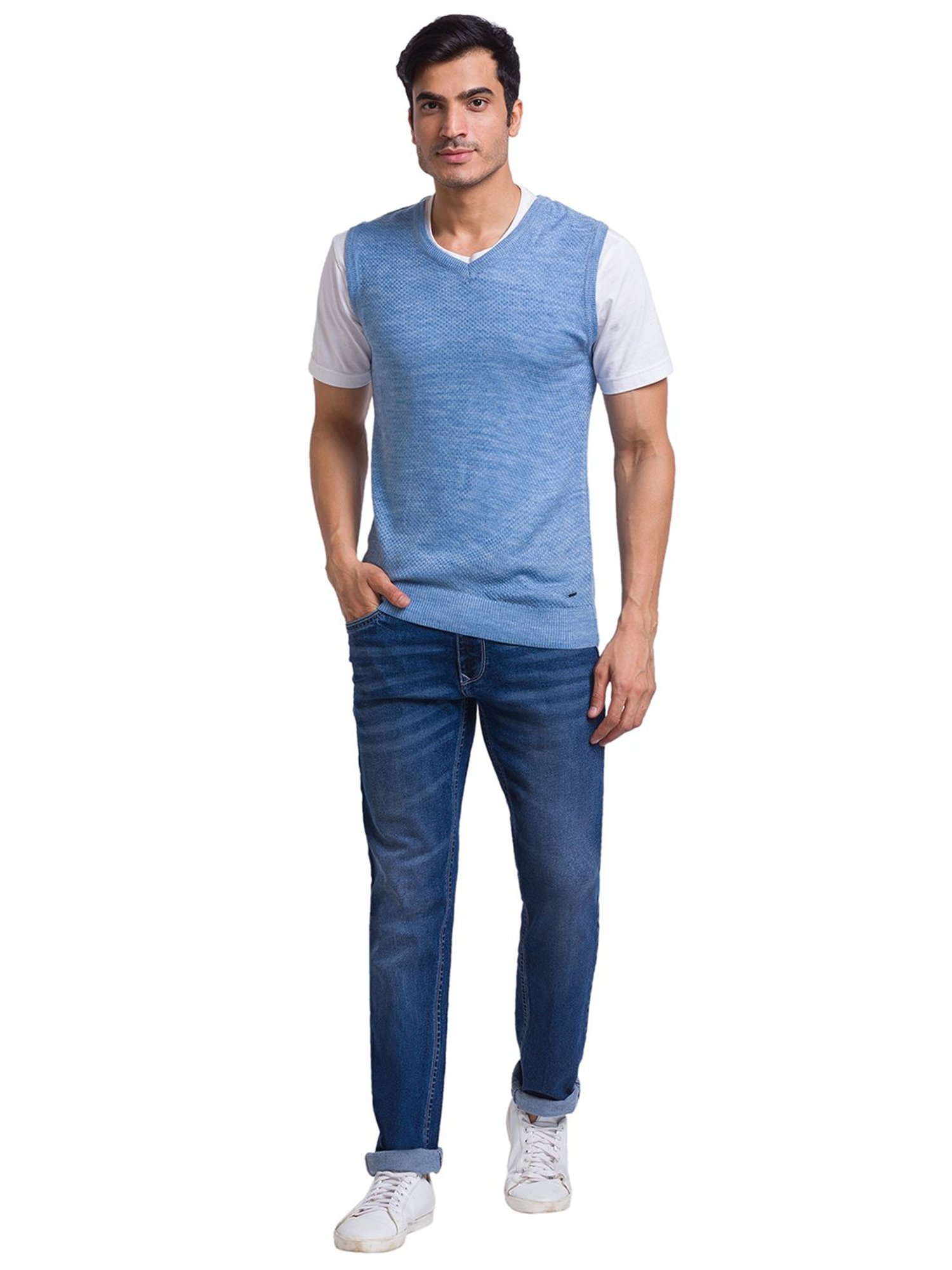 Parx Blue Regular Fit Self Design Sweater