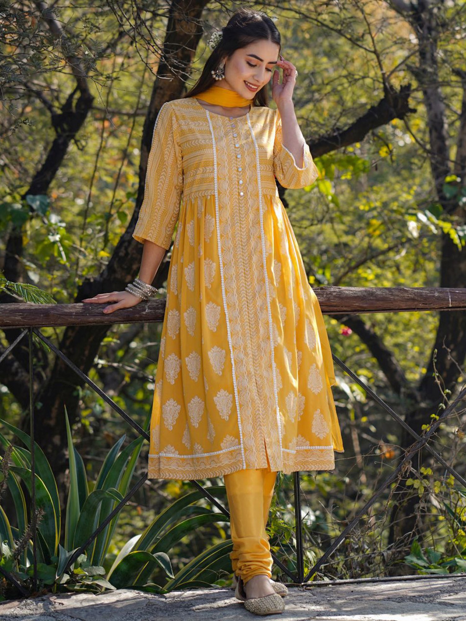 Juniper Yellow Ethnic Motif Printed Georgette Kurta Churidar & Chiffon Dupatta Set With Lace Work