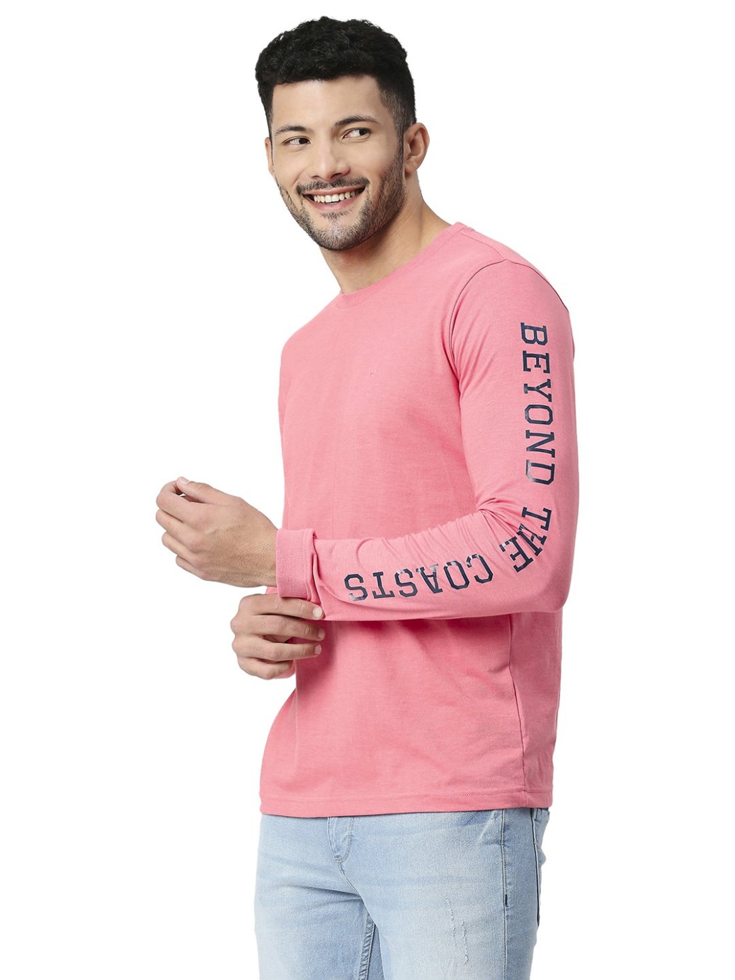 Basics Pink Slim Fit Printed T-Shirt