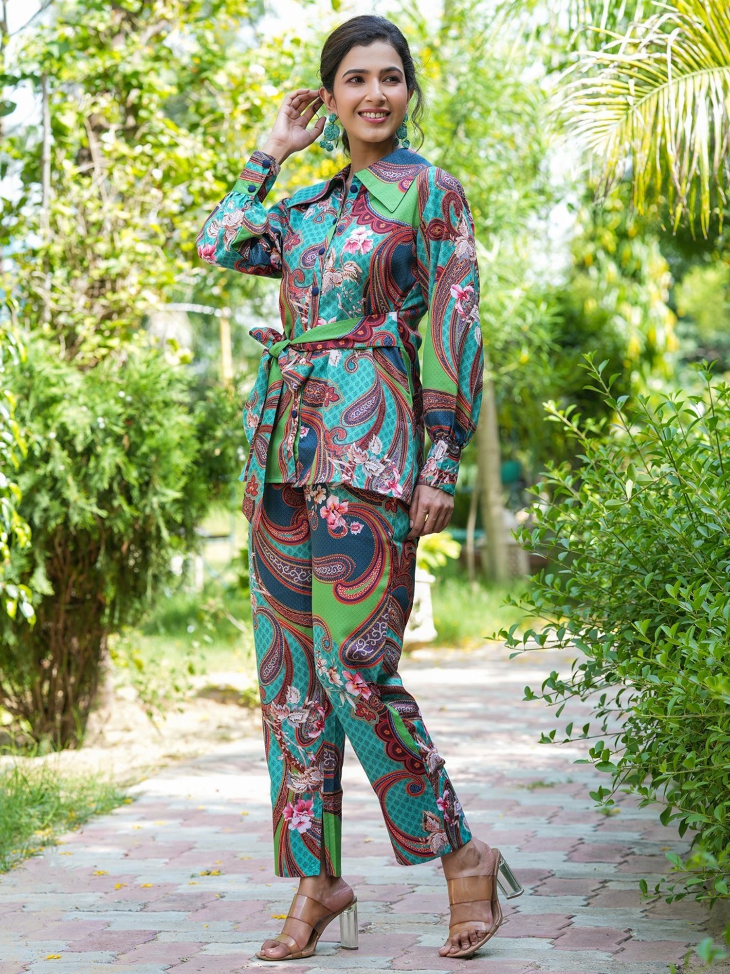 Yufta Green Printed Shirt Pant Set