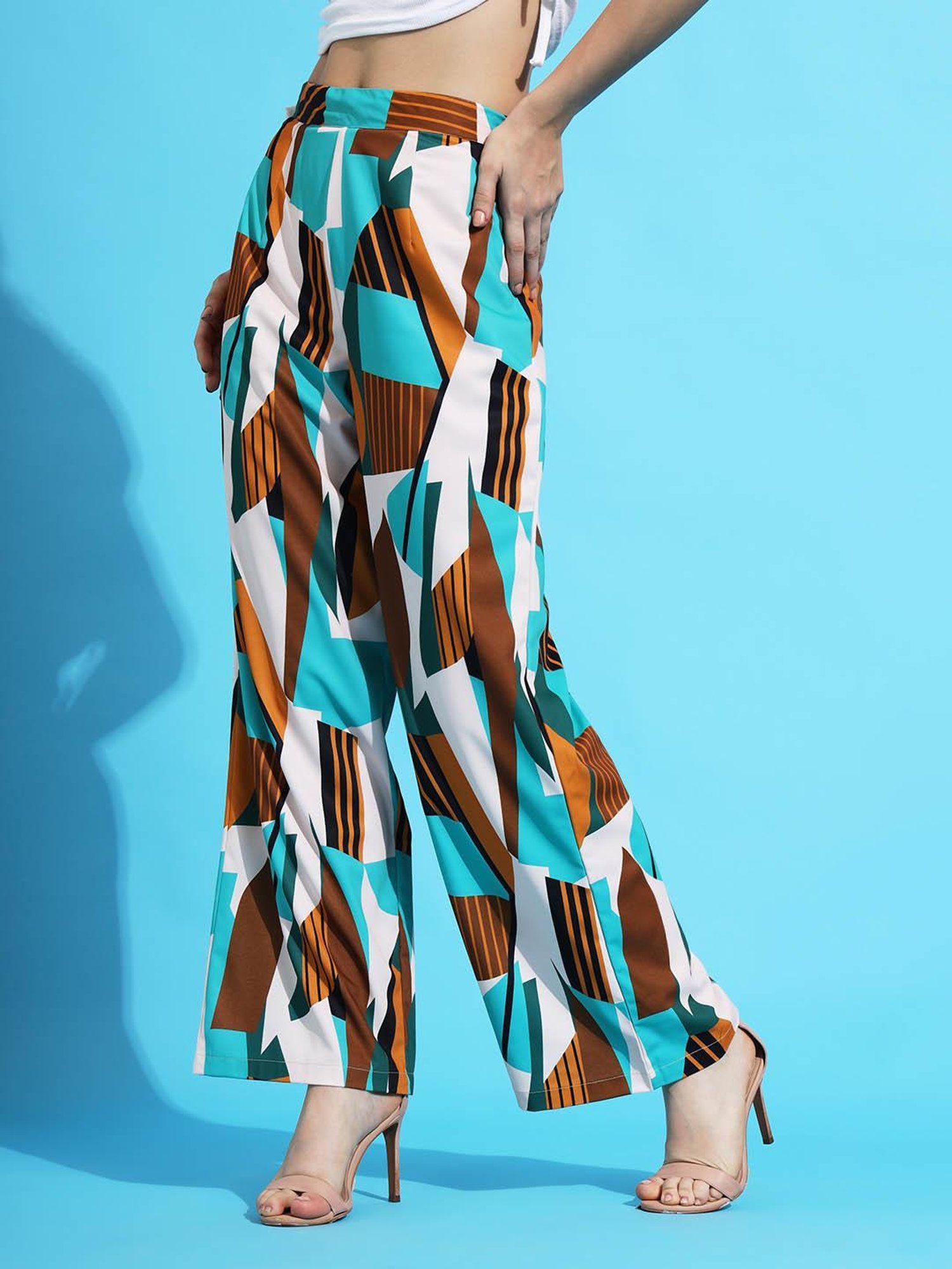 FITHUB Sky Blue & White Printed High Rise Trousers