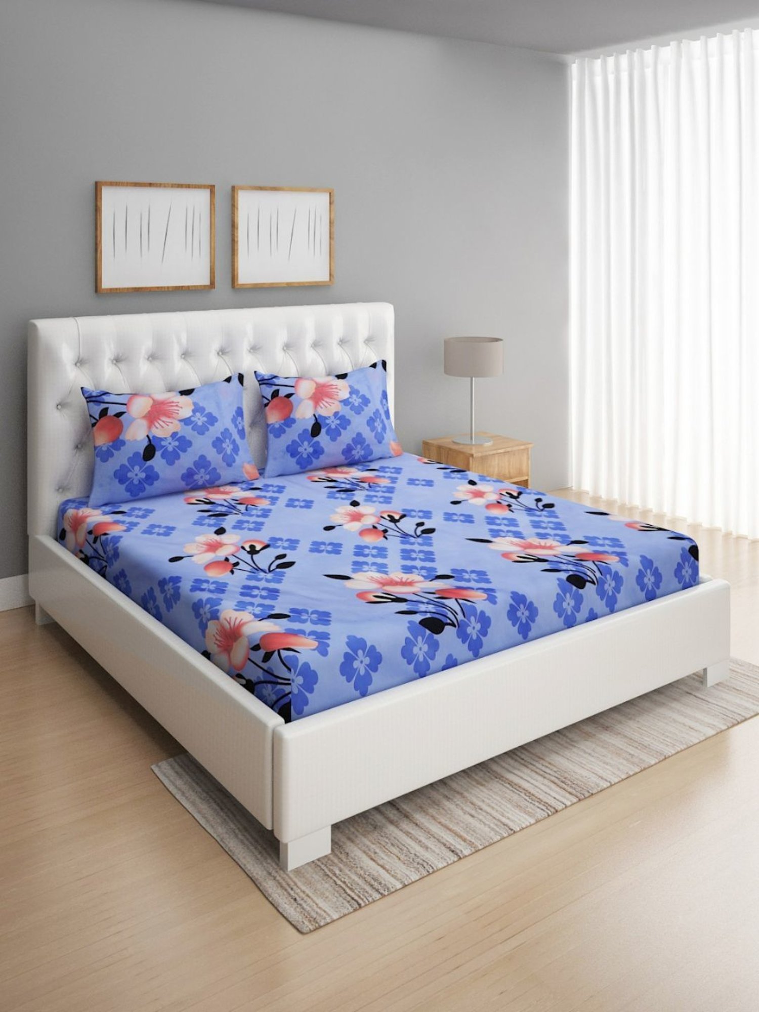 Romee Floral Sky Blue 144 TC Cotton Queen Sized Bed Sheet with 2 Pillow Covers