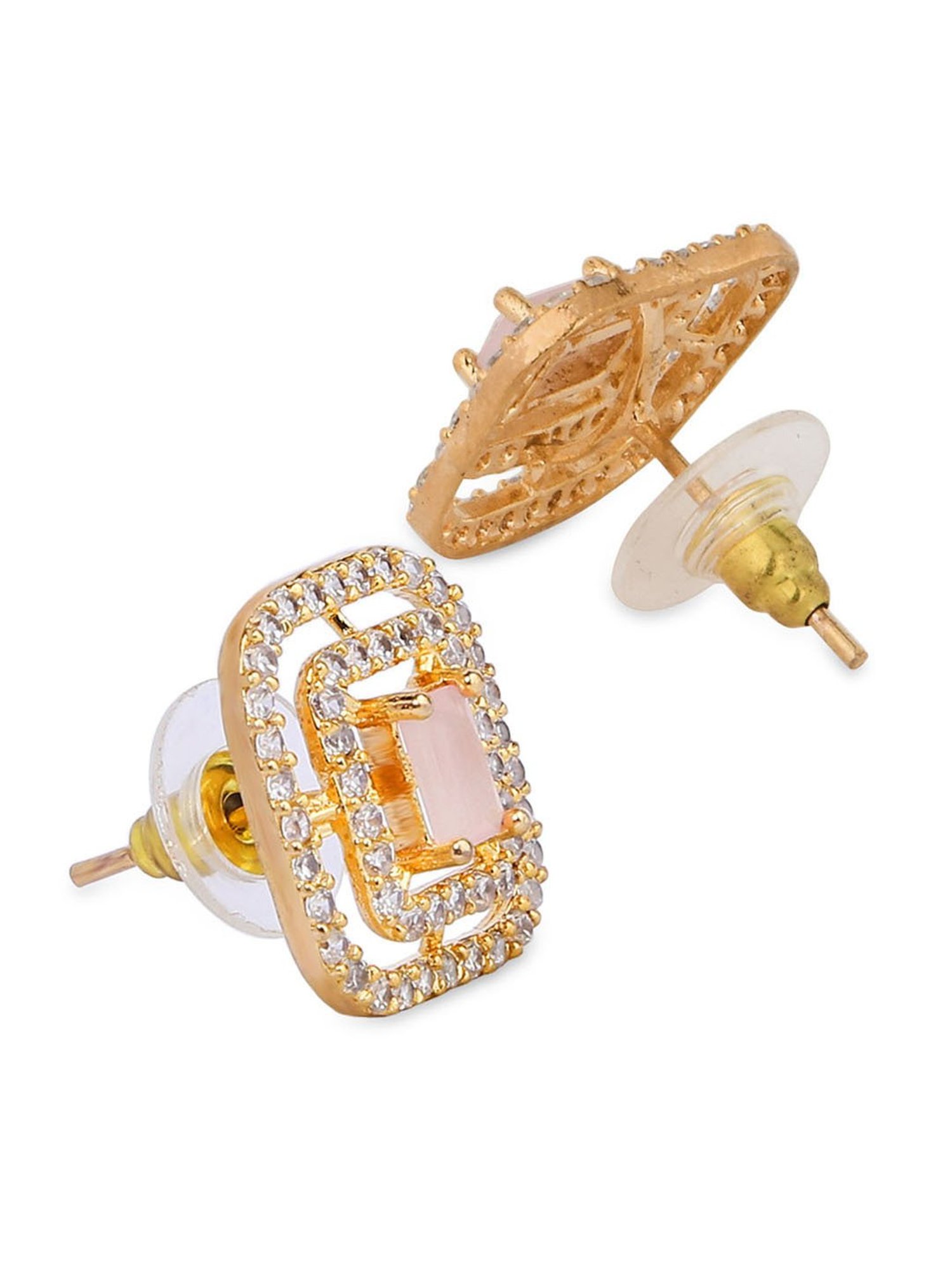 ToniQ Luxurious Gold-Plated American Diamond & Pink Stone Studded Geometric Stud Earrings for Women