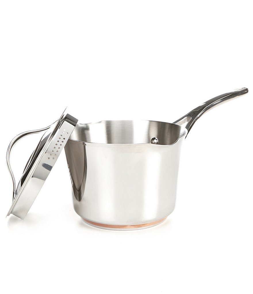 Anolon Nouvelle Copper Stainless Steel 3.5-Quart Covered Straining Saucepan with Lid