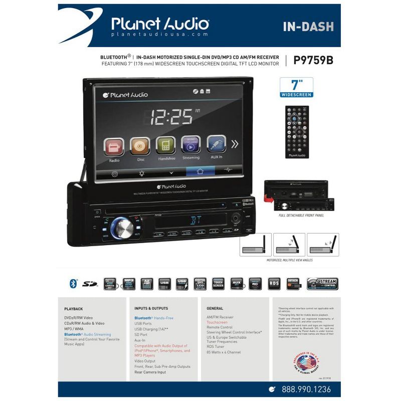 Planet Audio P9759B 7" Single-Din Touchscreen Bluetooth CD/DVD MP3 Car Player USB/SD AUX Receiver with Detachable Front Panel, SWC, & Wireless Remote