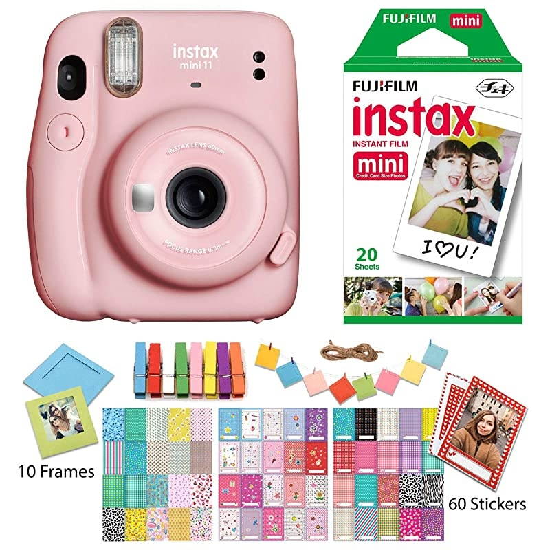Instax Mini 11 Blush Pink Instant Camera with Twin Pack Instant Film, Ritz Gear Frame Stickers a nd Ritz Gear Hanging Frames