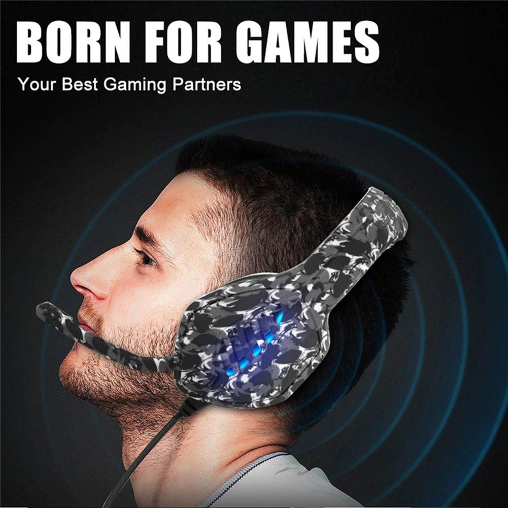 J1 Gaming Headset with Microphone LED Light Camouflage Wired PC Gaming Headphones Adjustable Headband for Computer