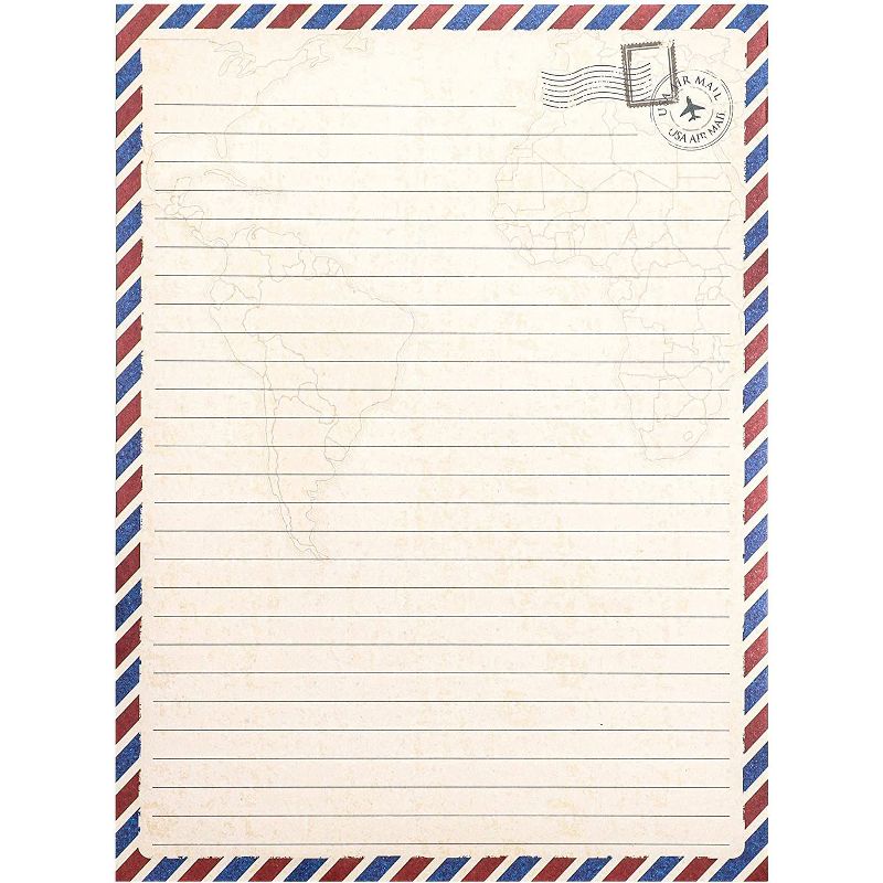 Pipilo Press 48-Pack Vintage Stationery Paper & Envelopes Letter Set, Lined Classic Airmail Travel Theme, 6.9 x 9.25"